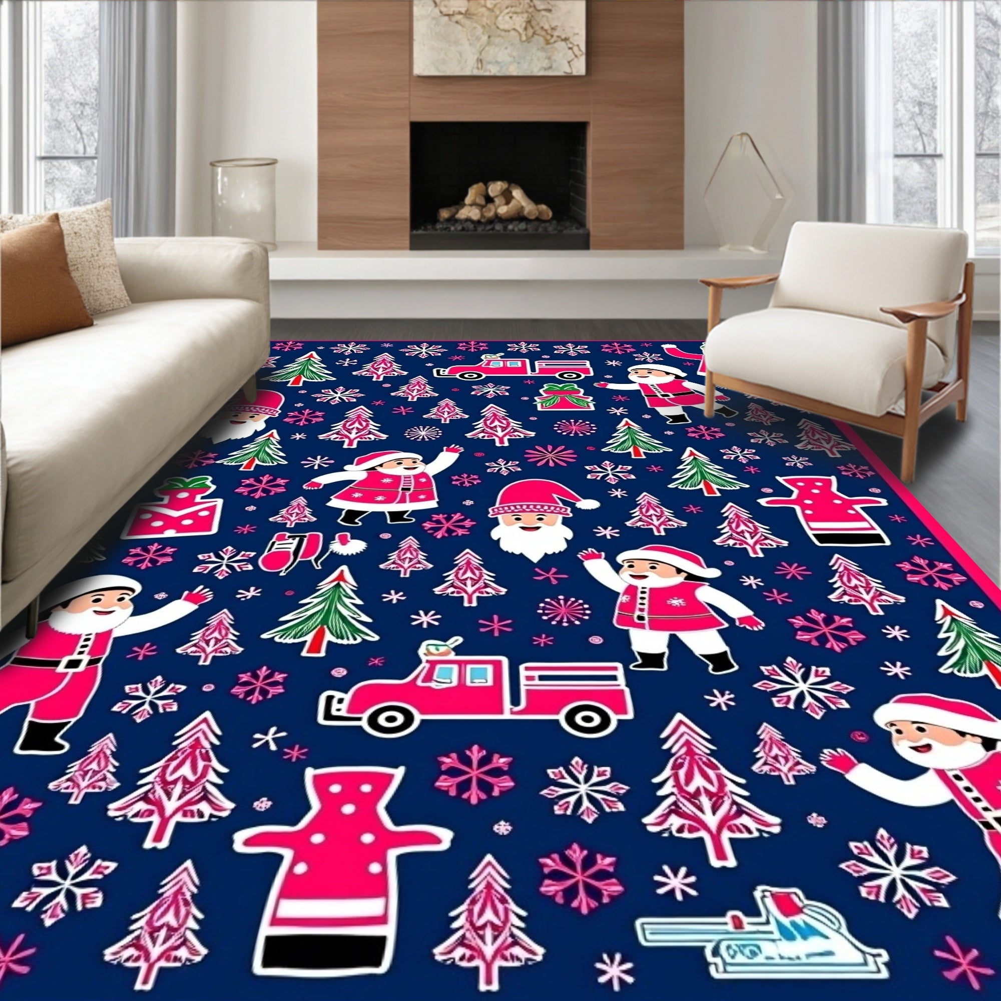 Festive Christmas Santa Tree Truck Pattern Rug