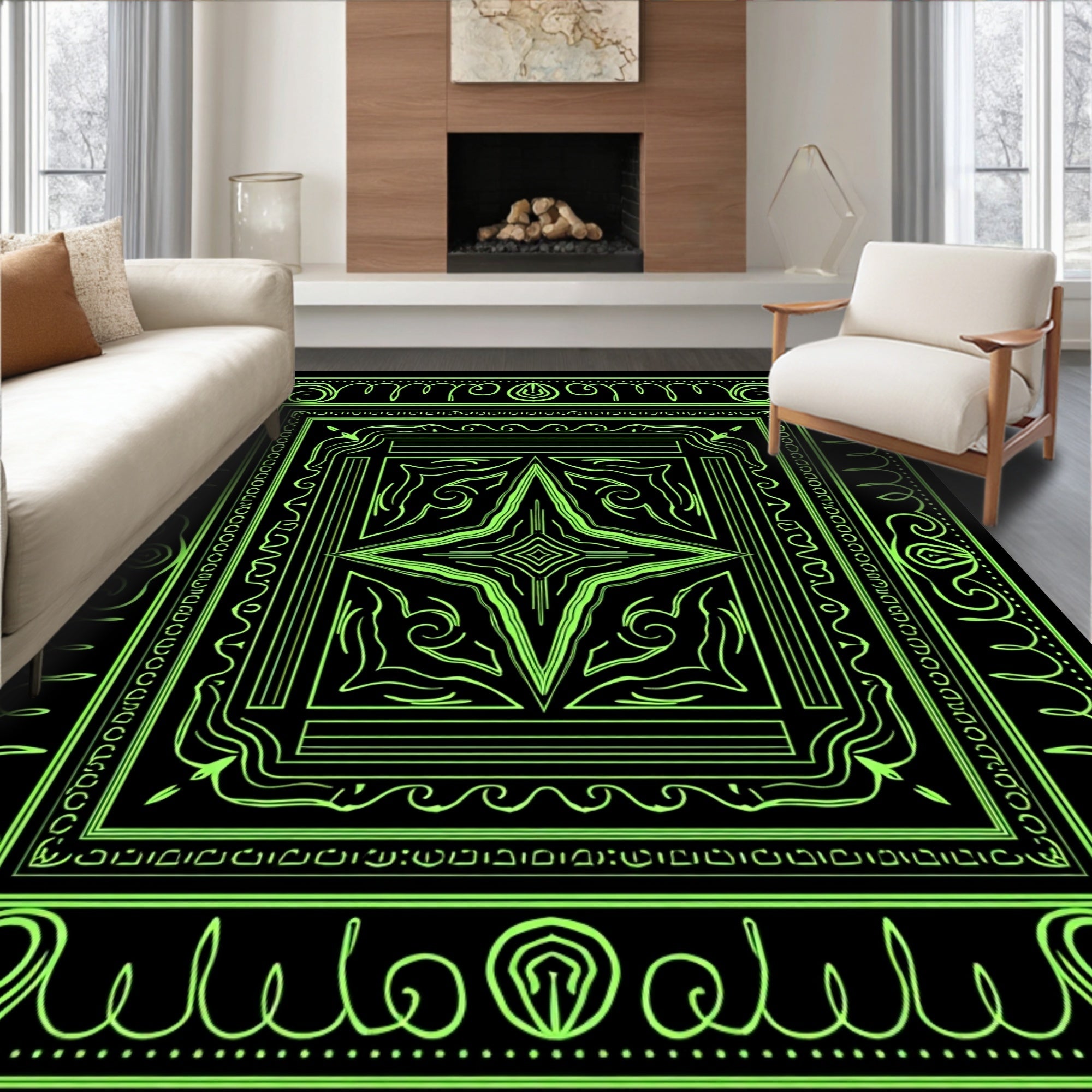 Neon Green Abstract Star Mandala Design Rug