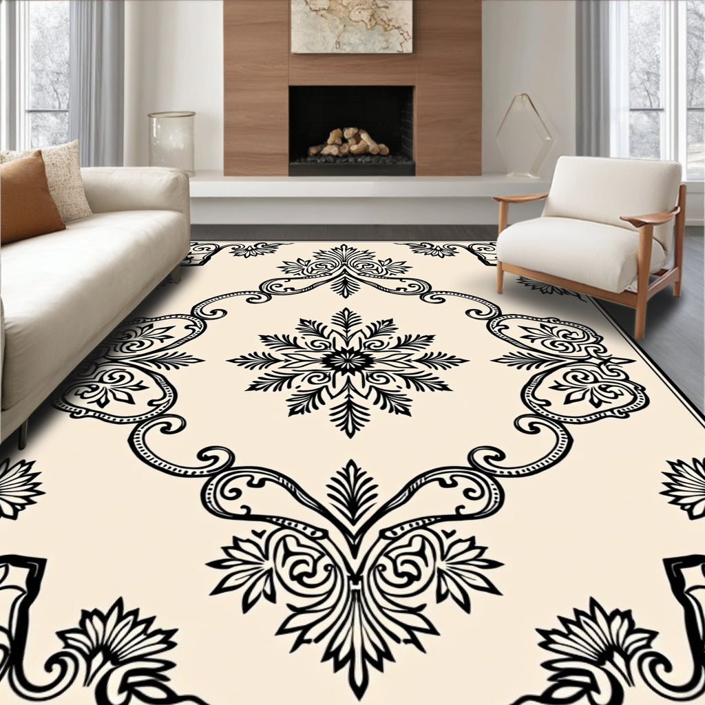 Classic Black and Cream Floral Medallion Rug