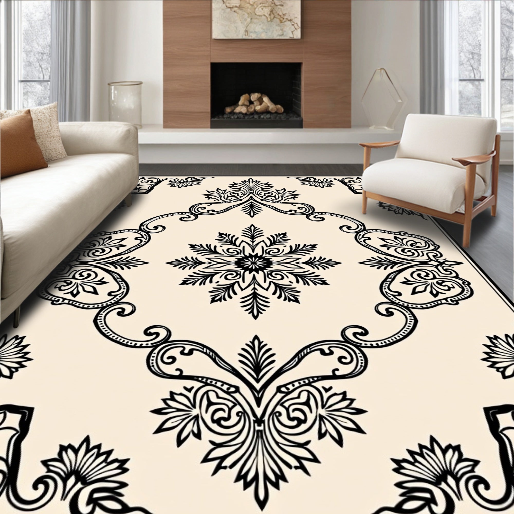 Classic Black and Cream Floral Medallion Rug