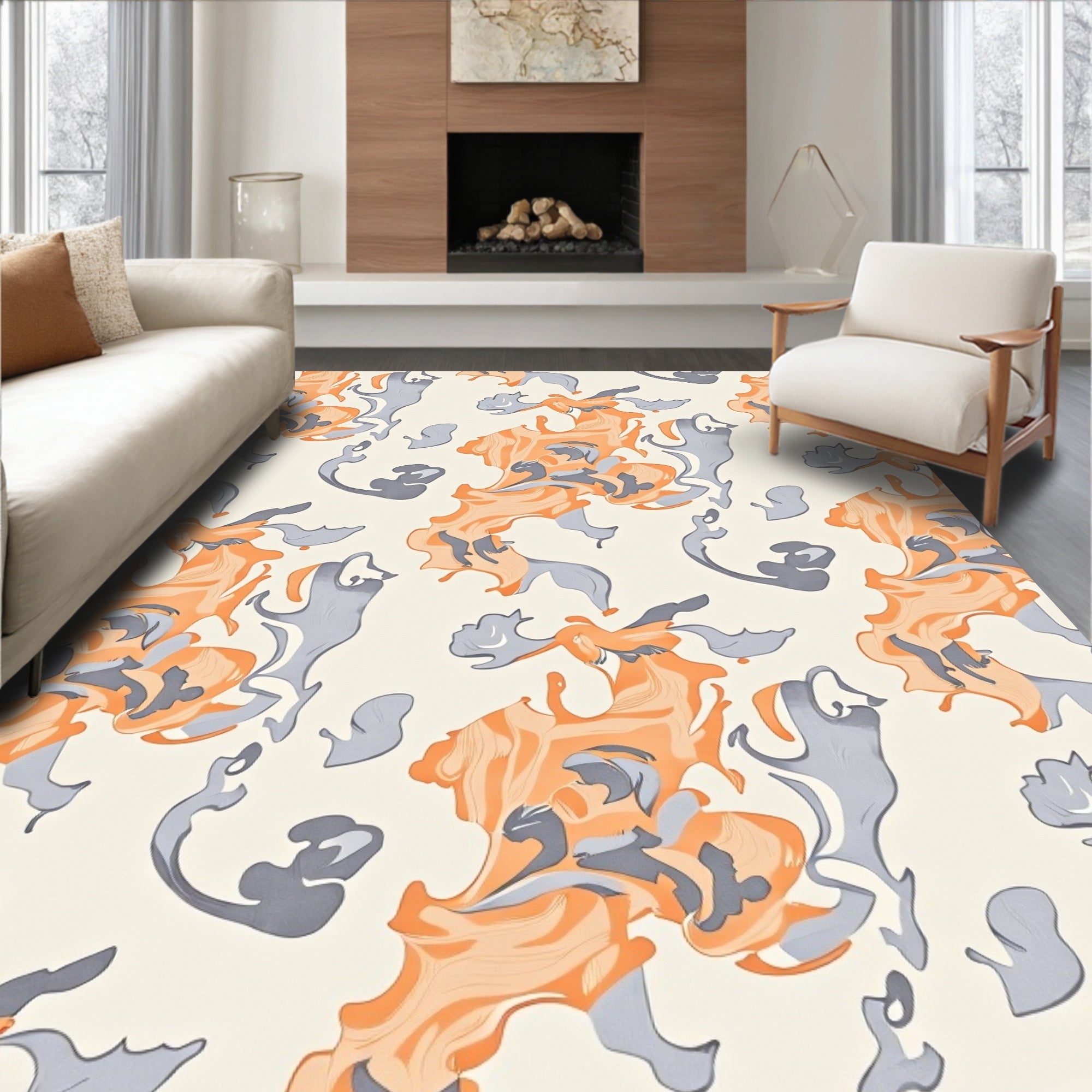 Abstract Swirls Orange Gray Textile Rug