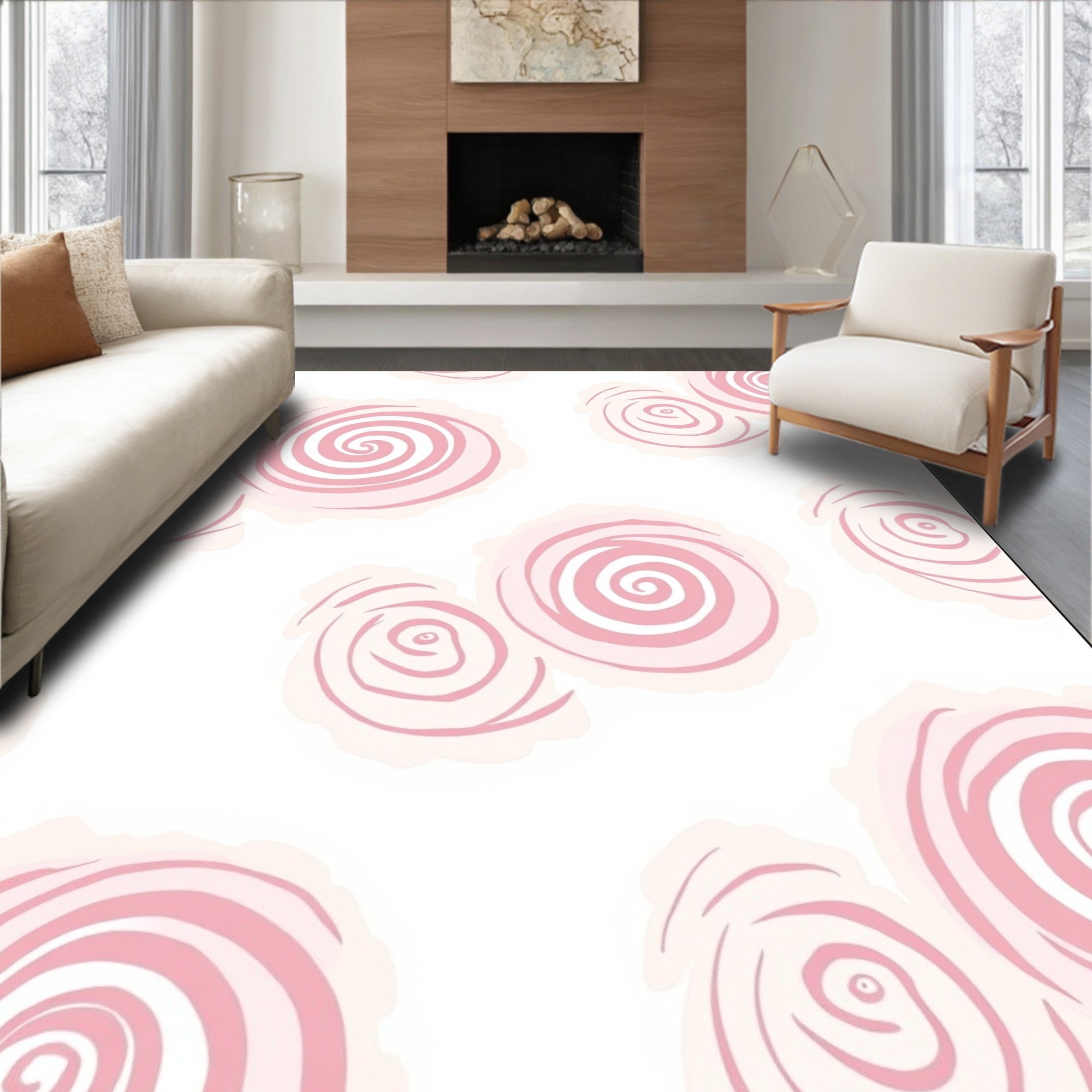 Abstract Pink Swirl Floral Pattern Rug