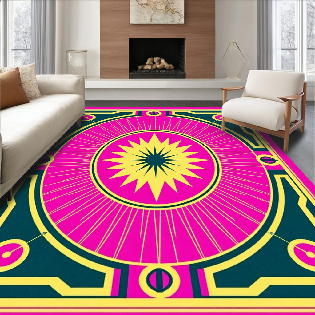 Bold Pink Yellow Geometric Sunburst Rug