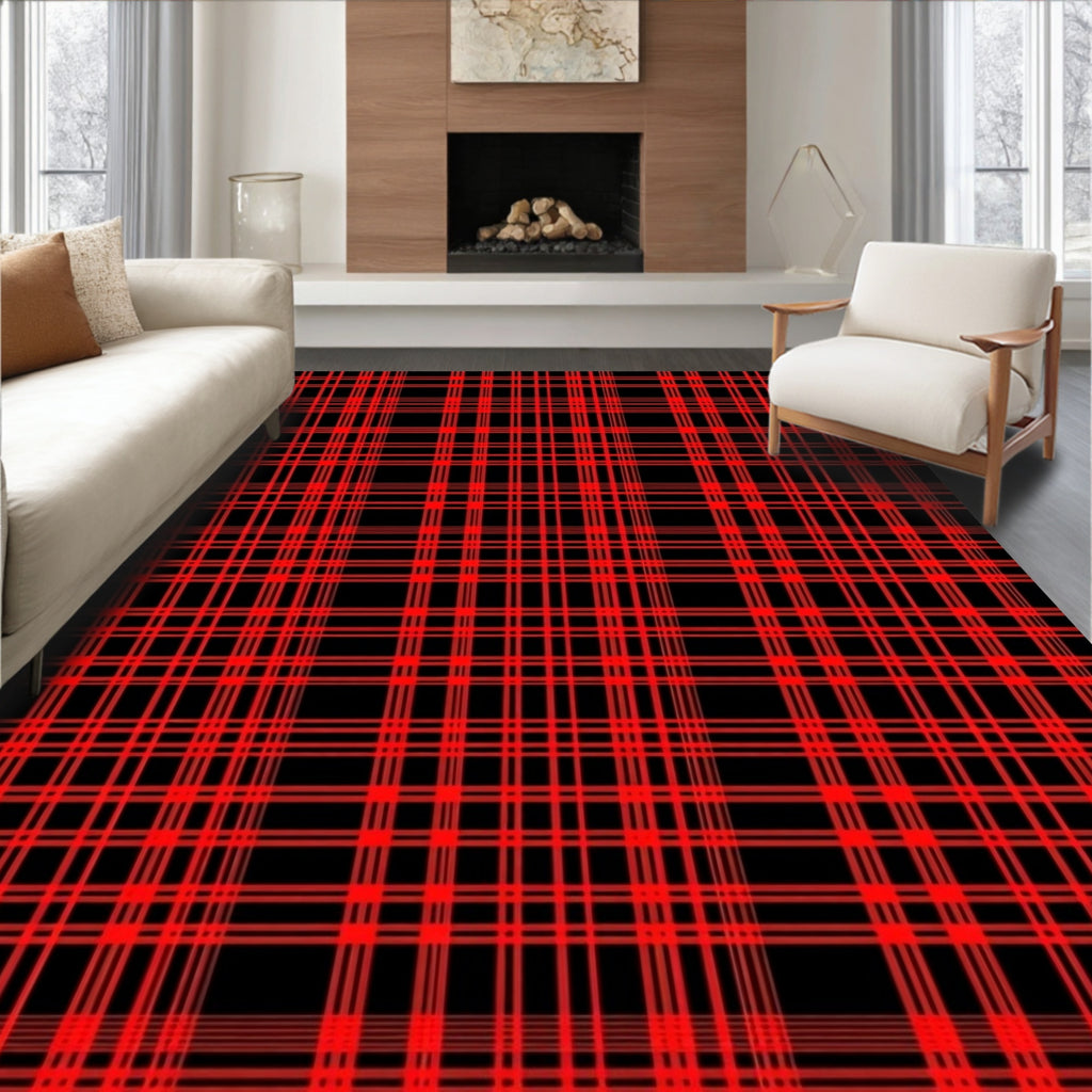 Classic Red Black Plaid Pattern Rug
