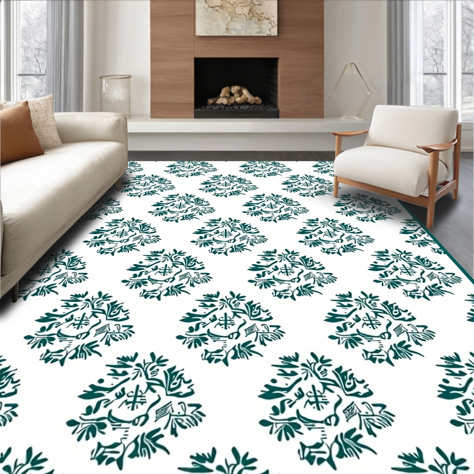 Deep Teal Abstract Floral Pattern Rug