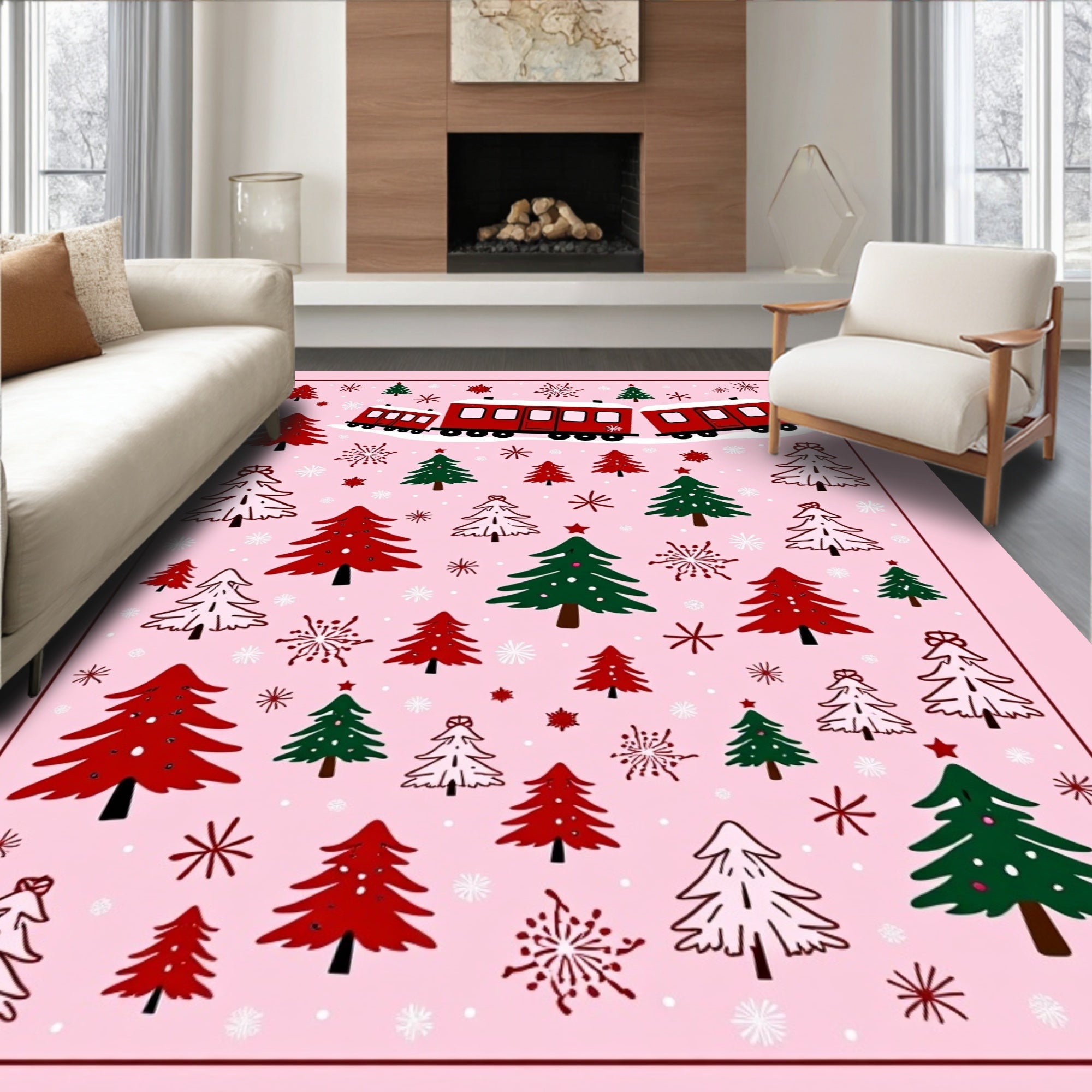Whimsical red train Christmas trees snowflakes Rug
