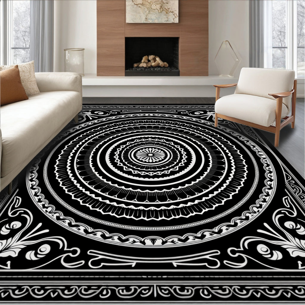 Monochromatic Circular Floral Mandala Art Rug