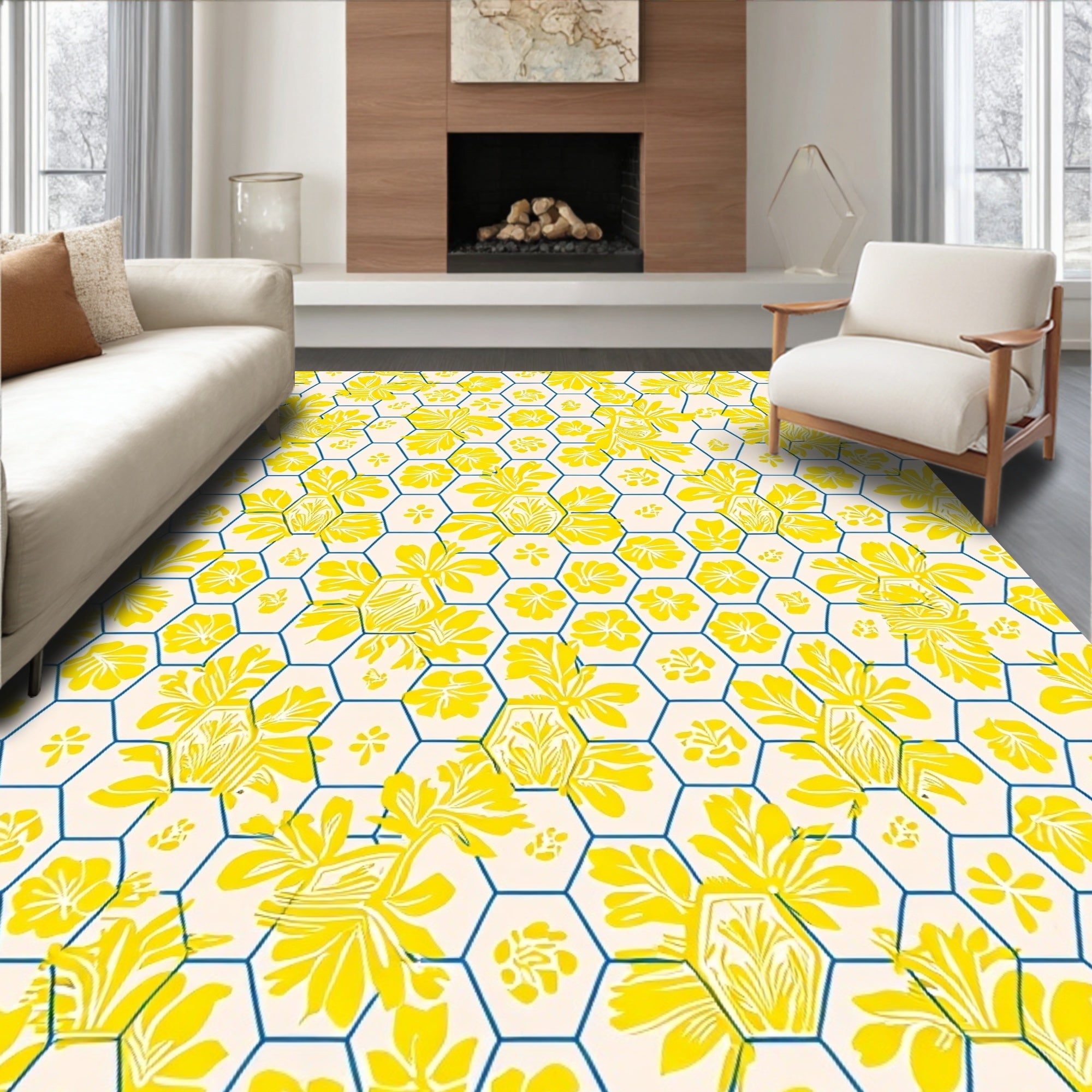 Yellow Floral Geometric Hexagonal Design Rug