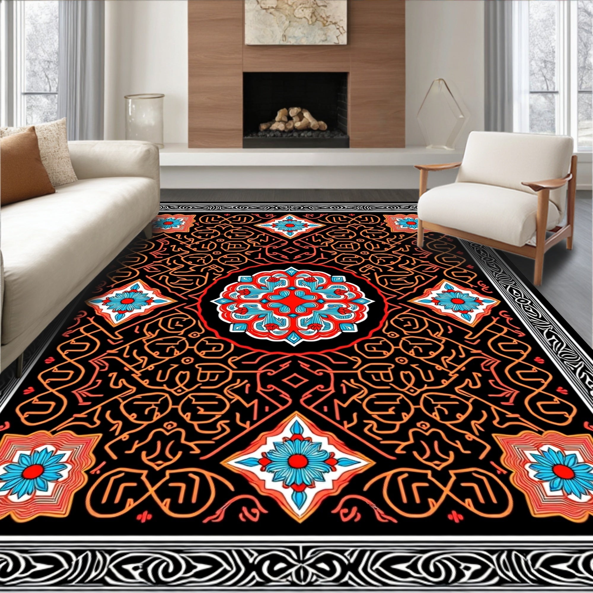 Ornate Graphic 4 Flower Design Rug