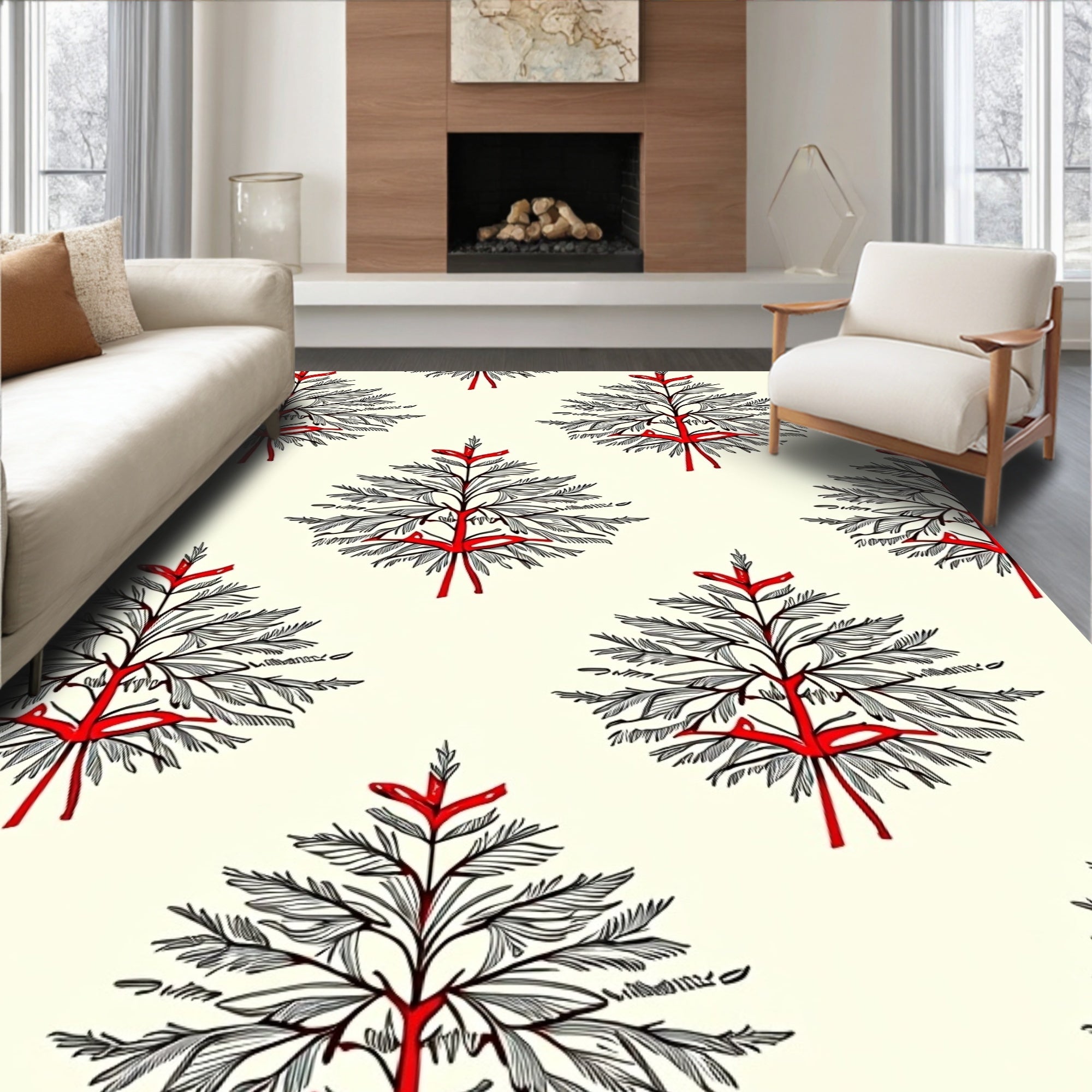 Minimalist Red Ribbon Pine Tree Rug
