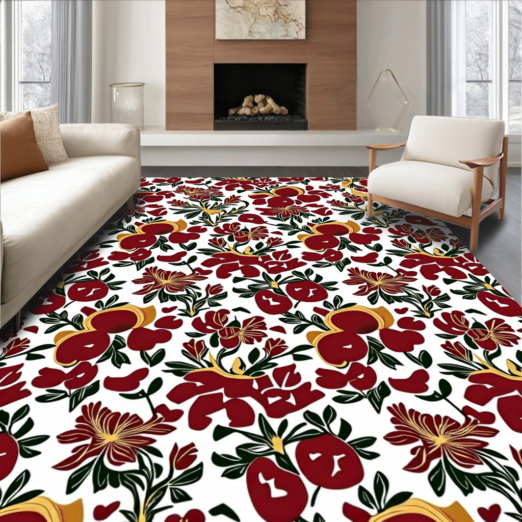 Deep Red Floral Pattern Rug