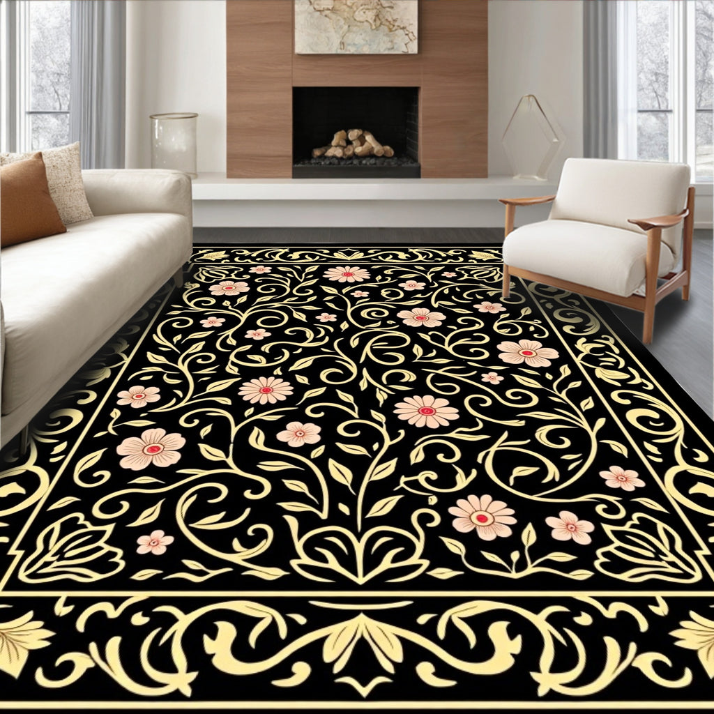 Black Garden Floral Vine Pattern Rug