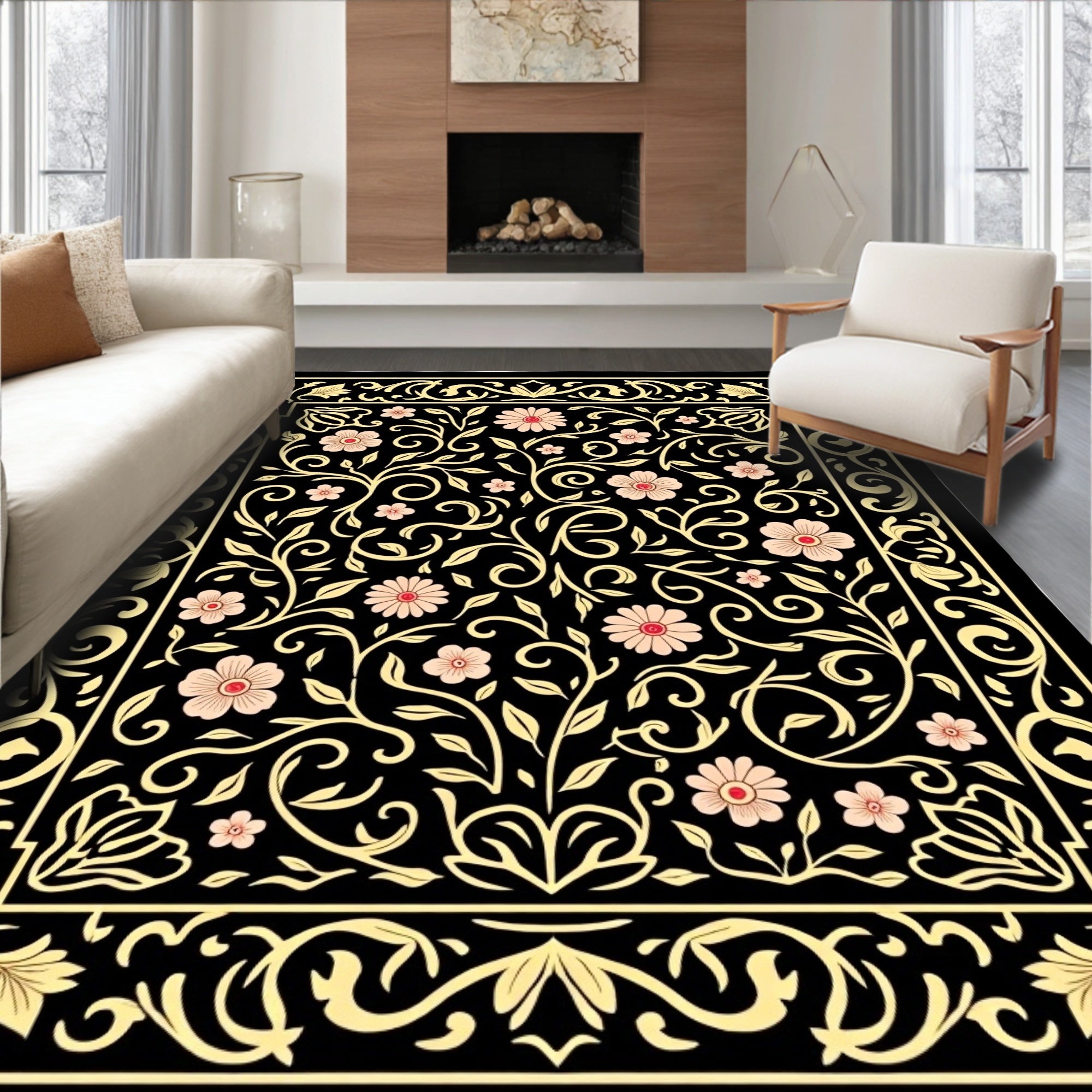 Black Garden Floral Vine Pattern Rug