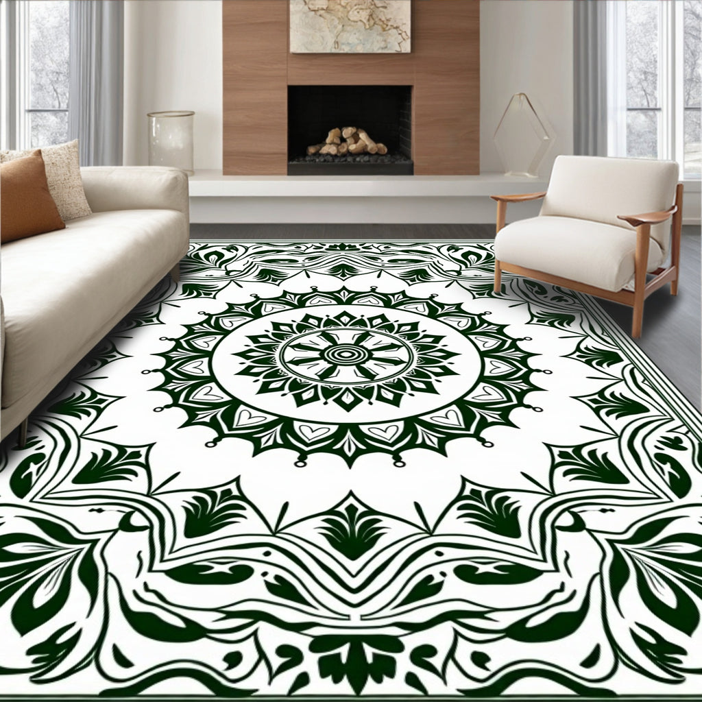 Dark Green Intricate Floral Mandala Pattern Rug
