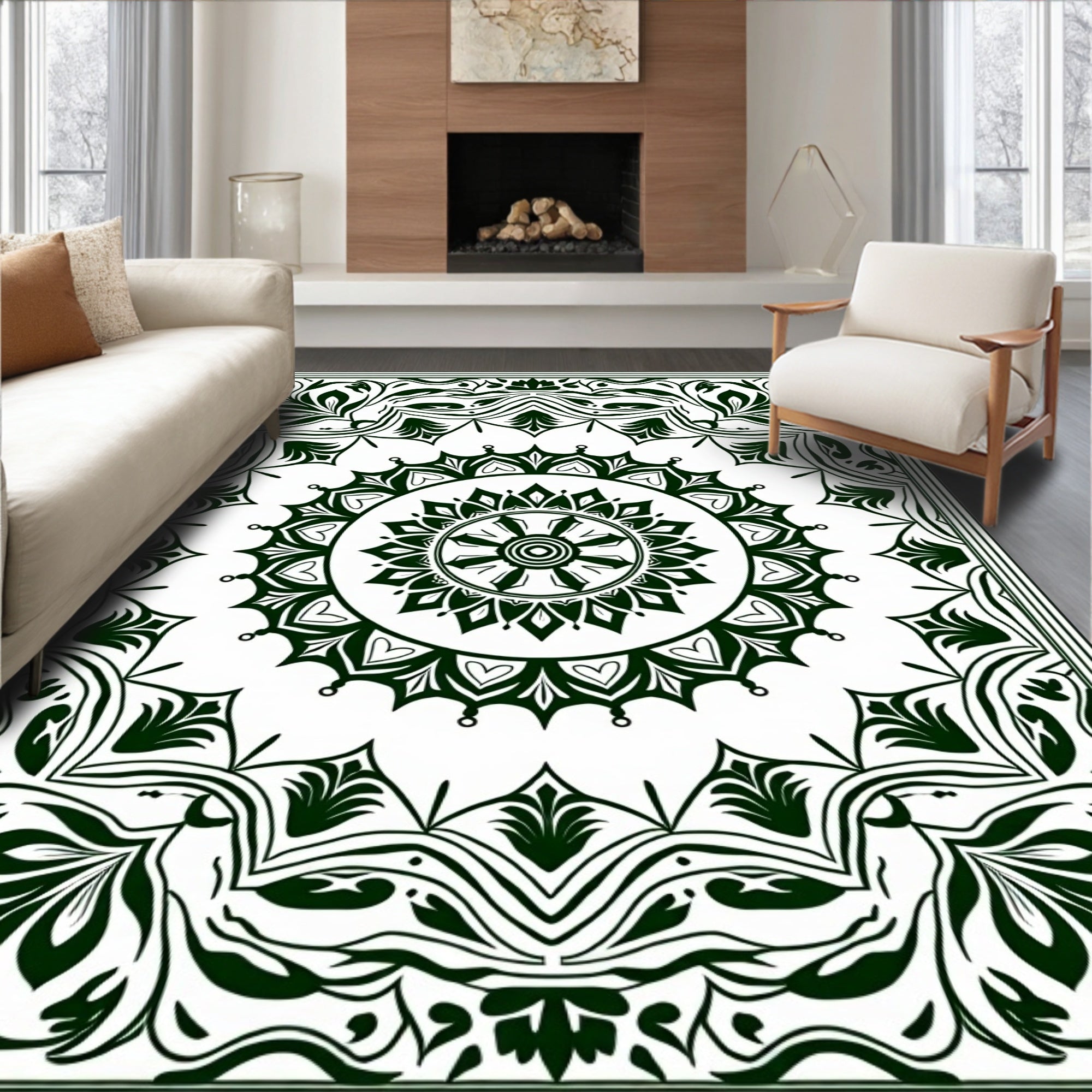 Dark Green Intricate Floral Mandala Pattern Rug