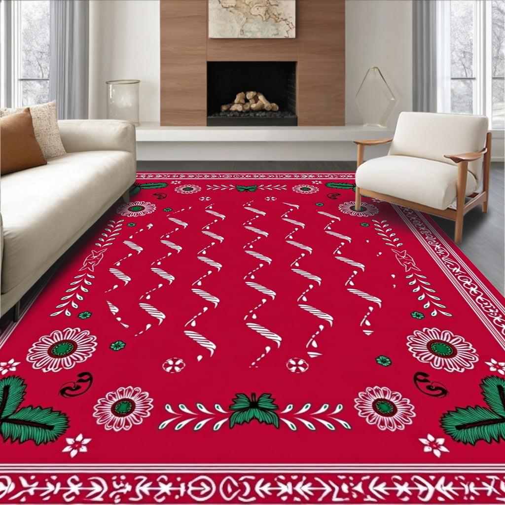 Red Festive Bordered Flower Design Rug