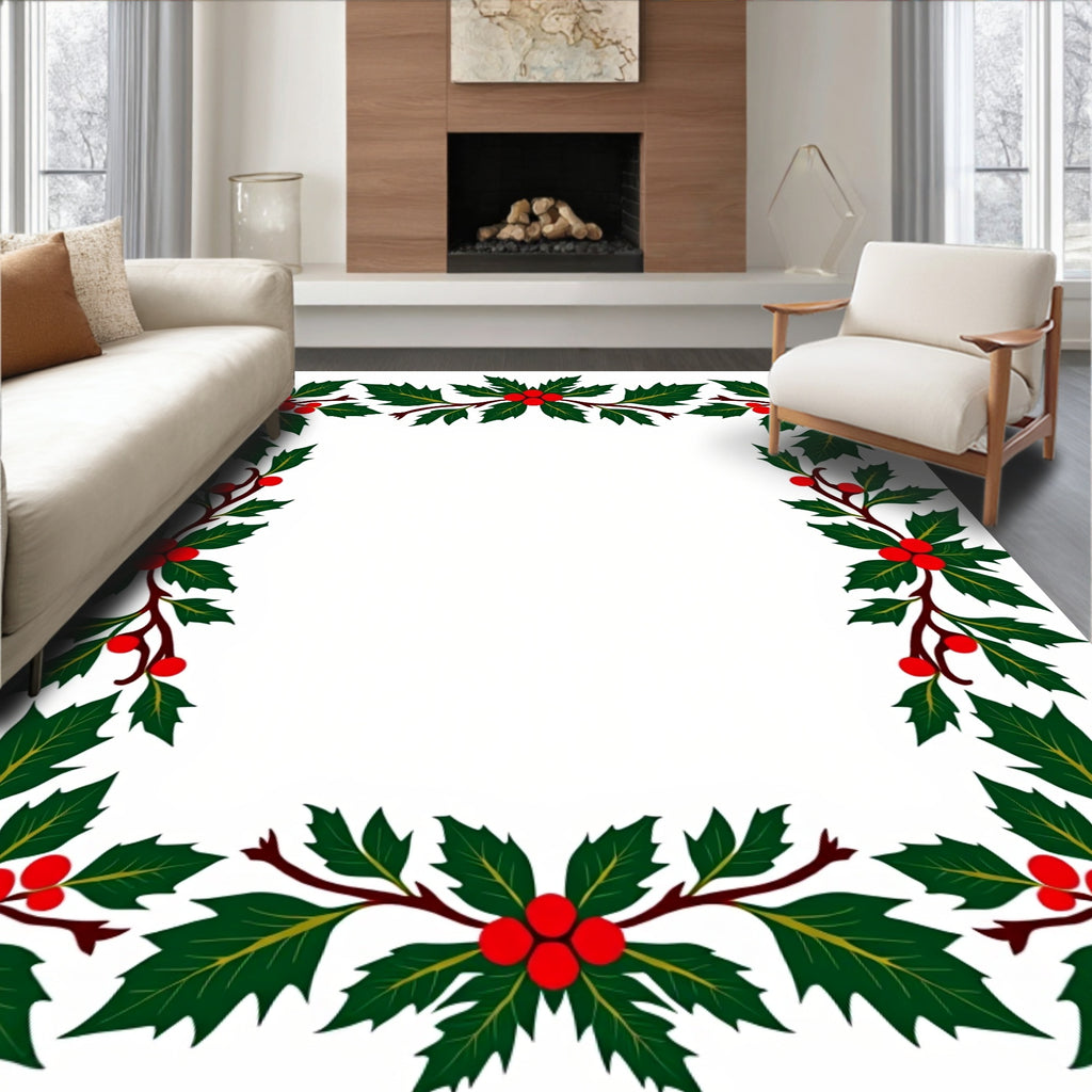 Green Holly Berry Festive Pattern Rug