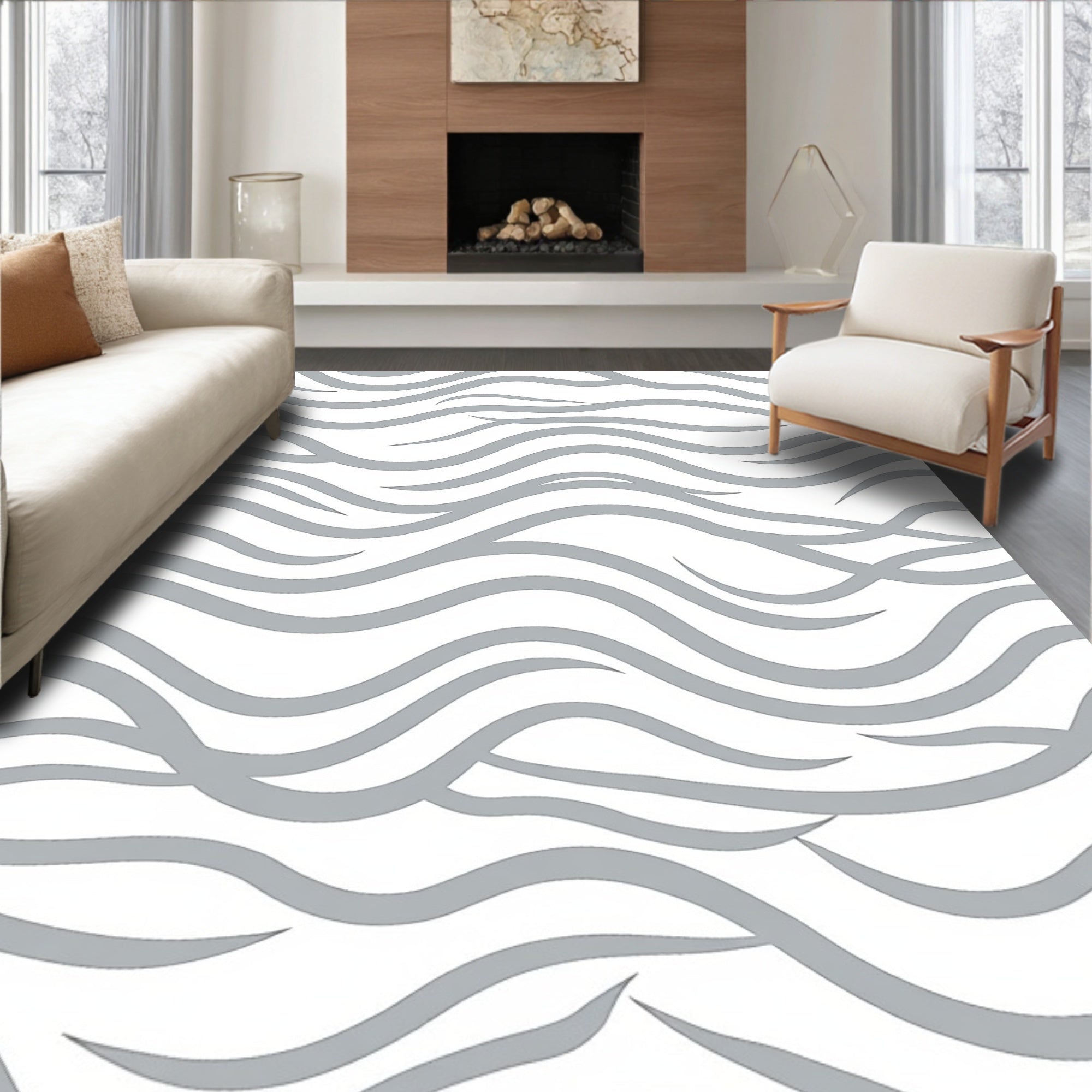 Soft Gray Wavy Abstract Pattern Rug