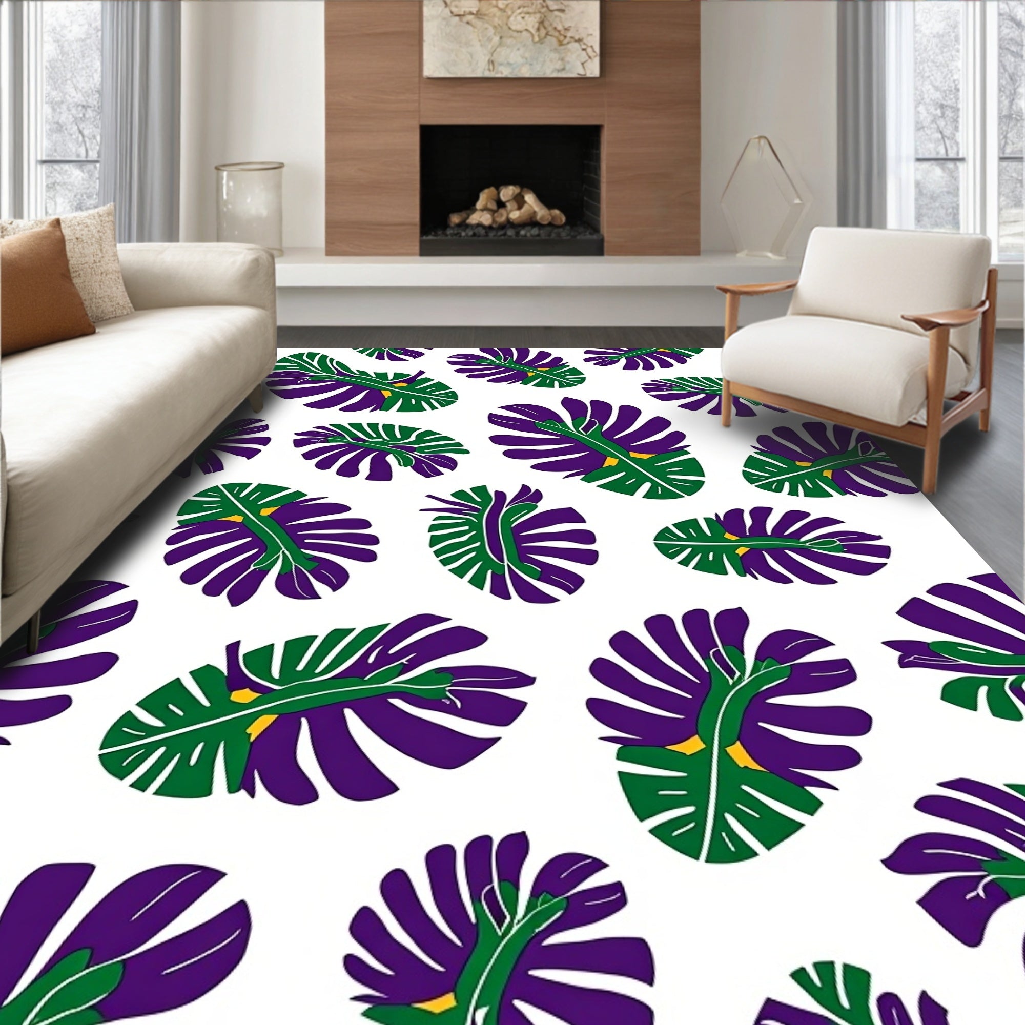 Vibrant Purple Green Leaf Pattern Rug