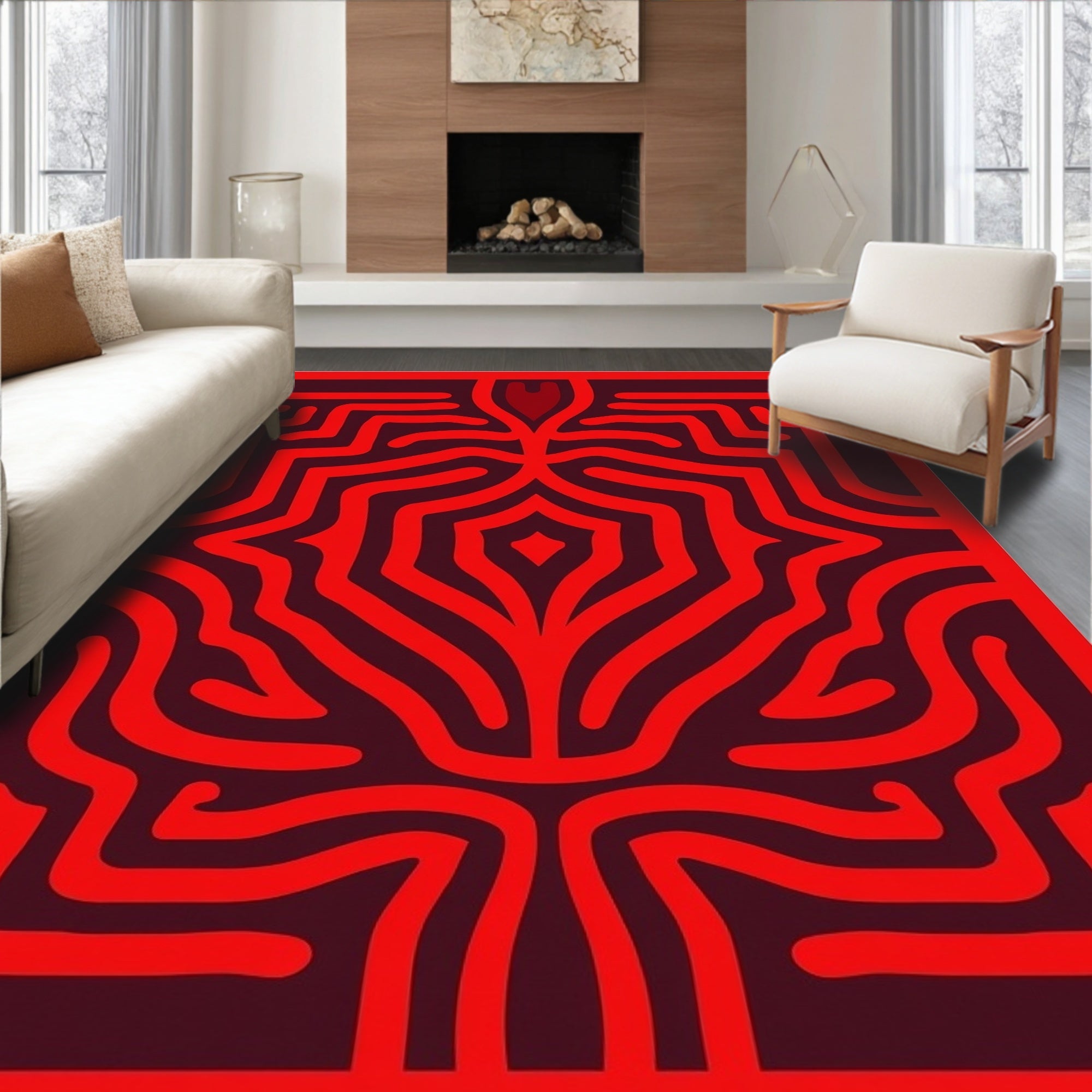 Abstract Red Maze Pattern Design Rug
