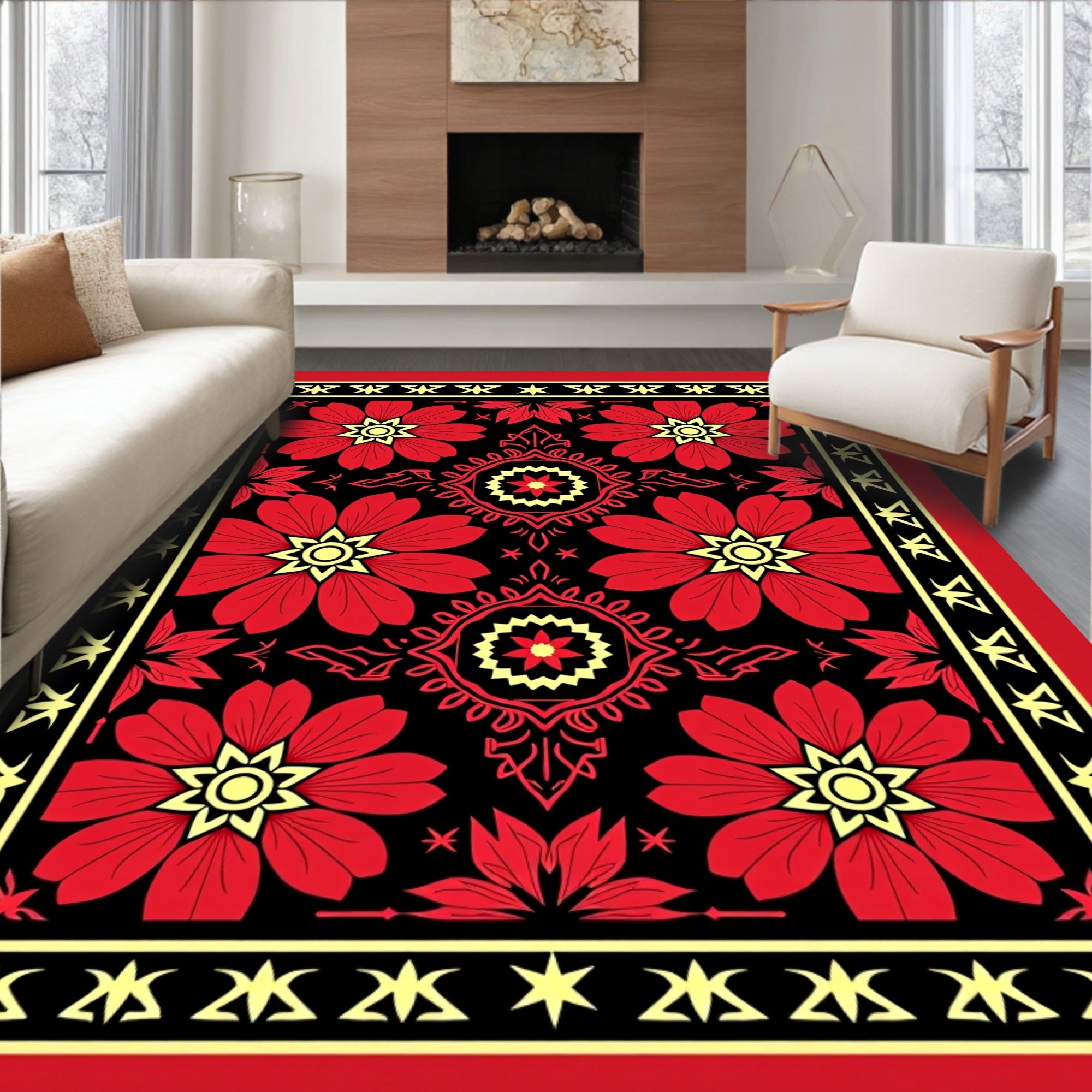 Bold Red Floral Geometric Design Rug