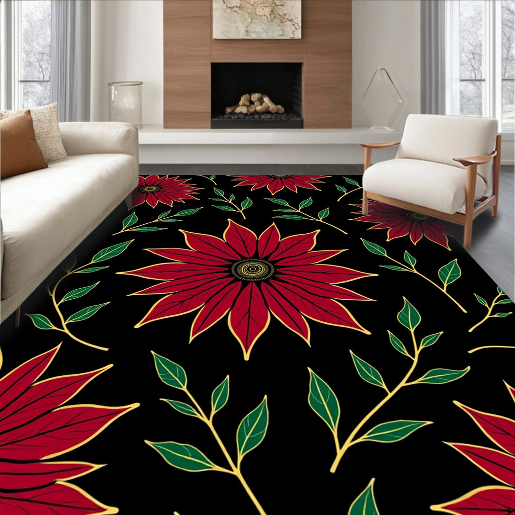 Bold Red Floral With Green Leaves Pattern Rug