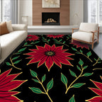 Bold Red Floral With Green Leaves Pattern Rug