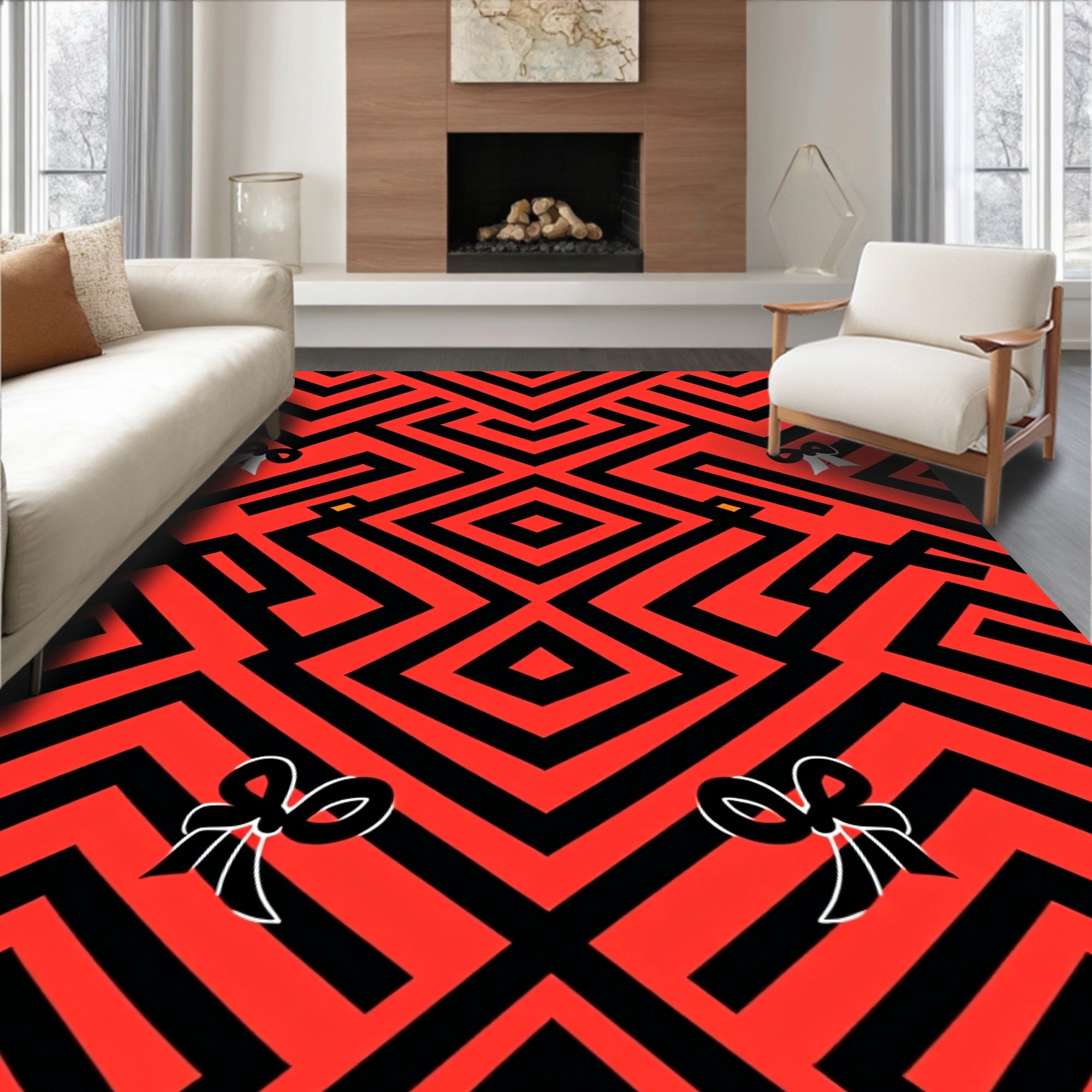 Red and Black Geometric Bow Pattern Rug