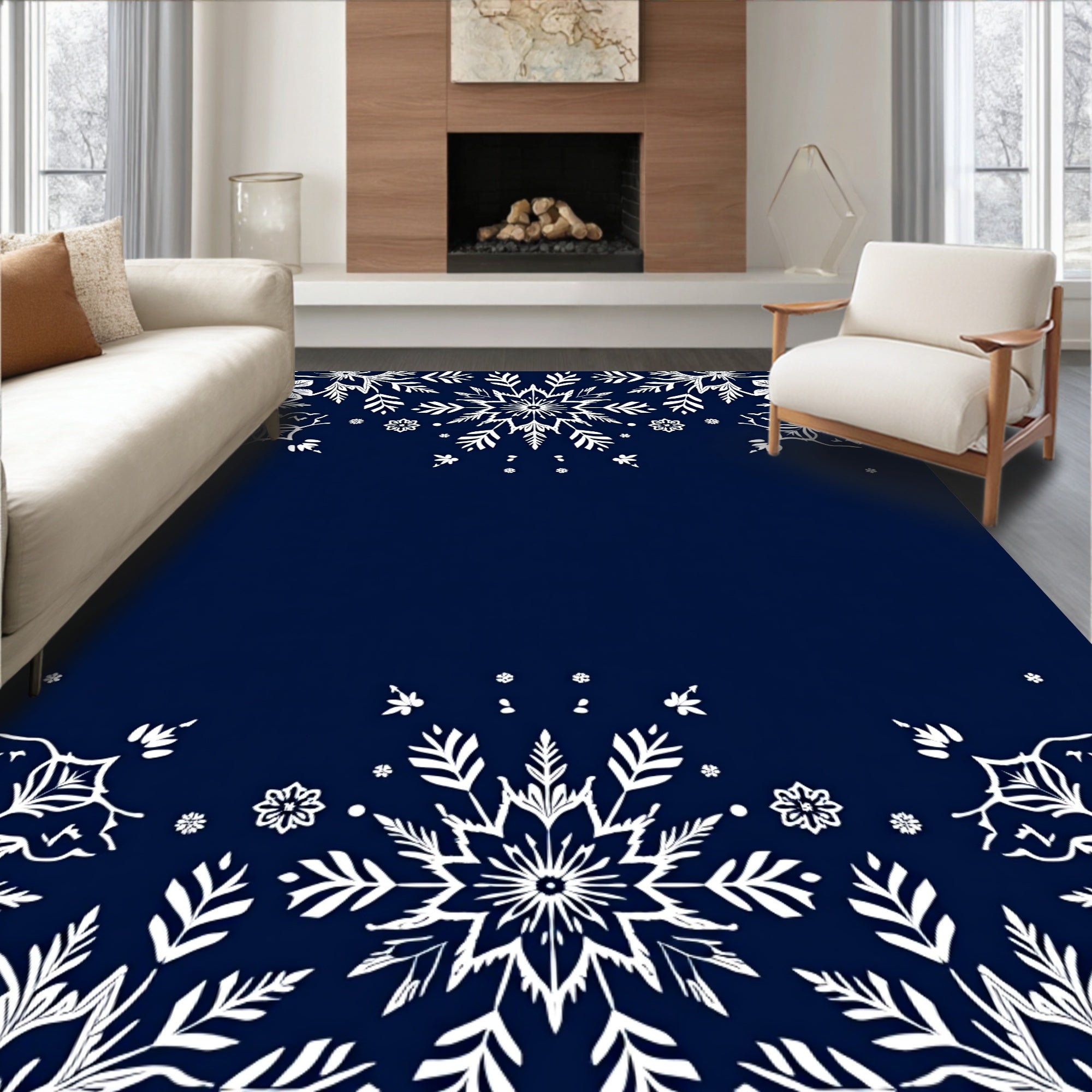 Dark Blue Snowflake Border Rug