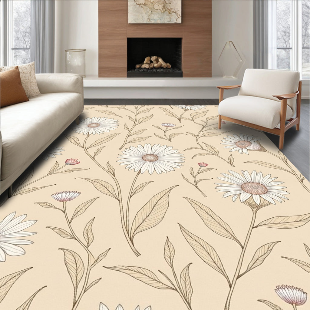 Neutral Daisy Floral Botanical Pattern Rug