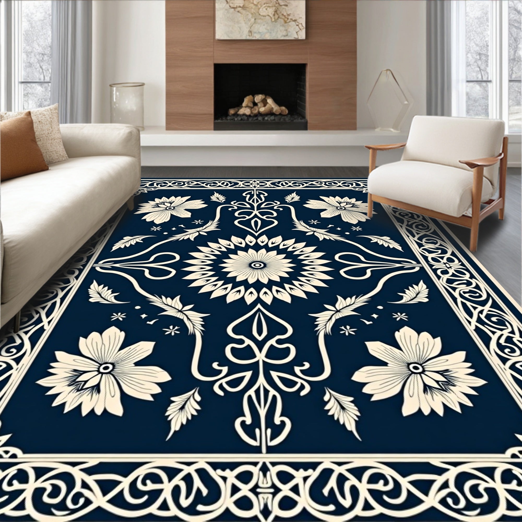 Classic Floral Border With Centerpiece Rug