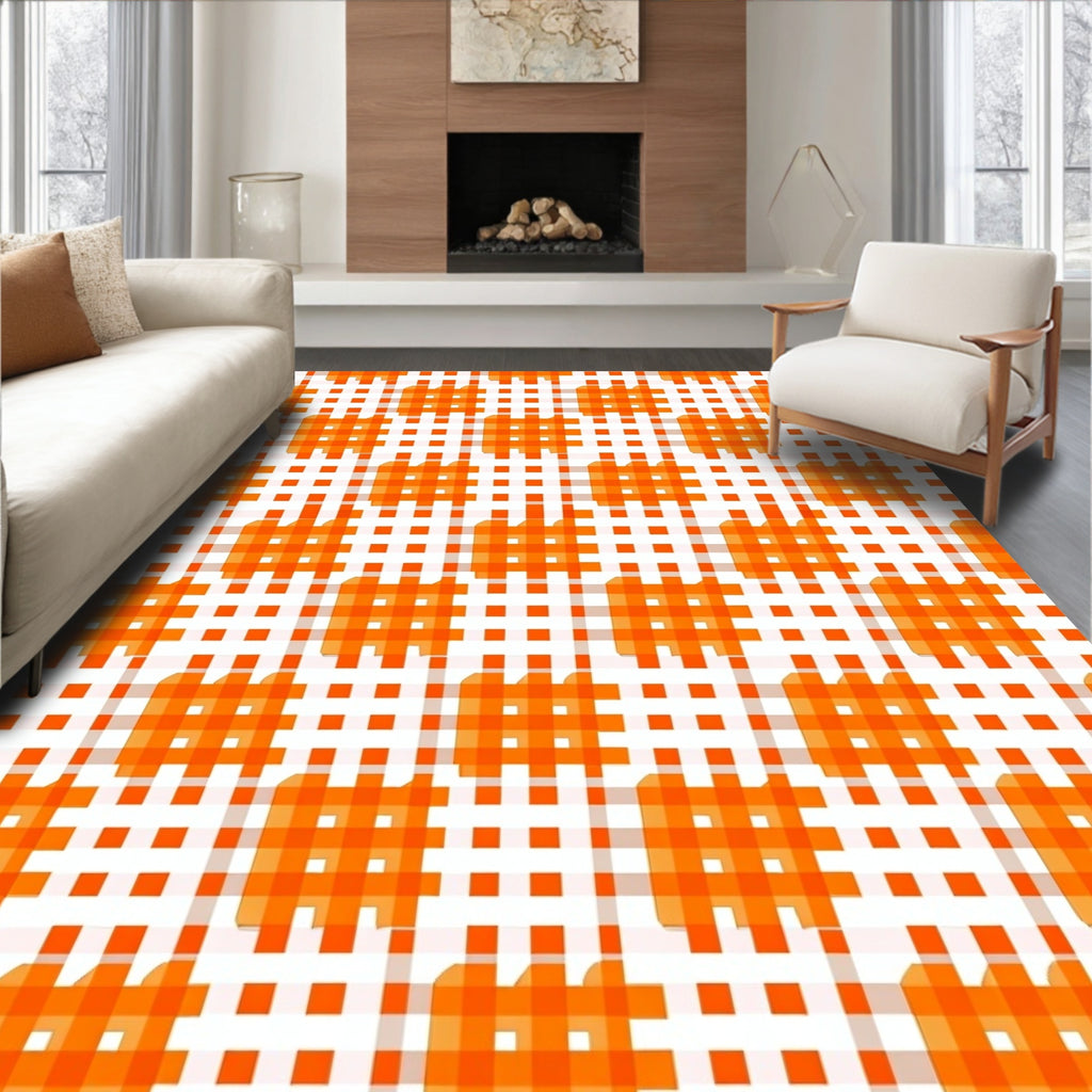 Bright Orange Plaid Grid Design Rug