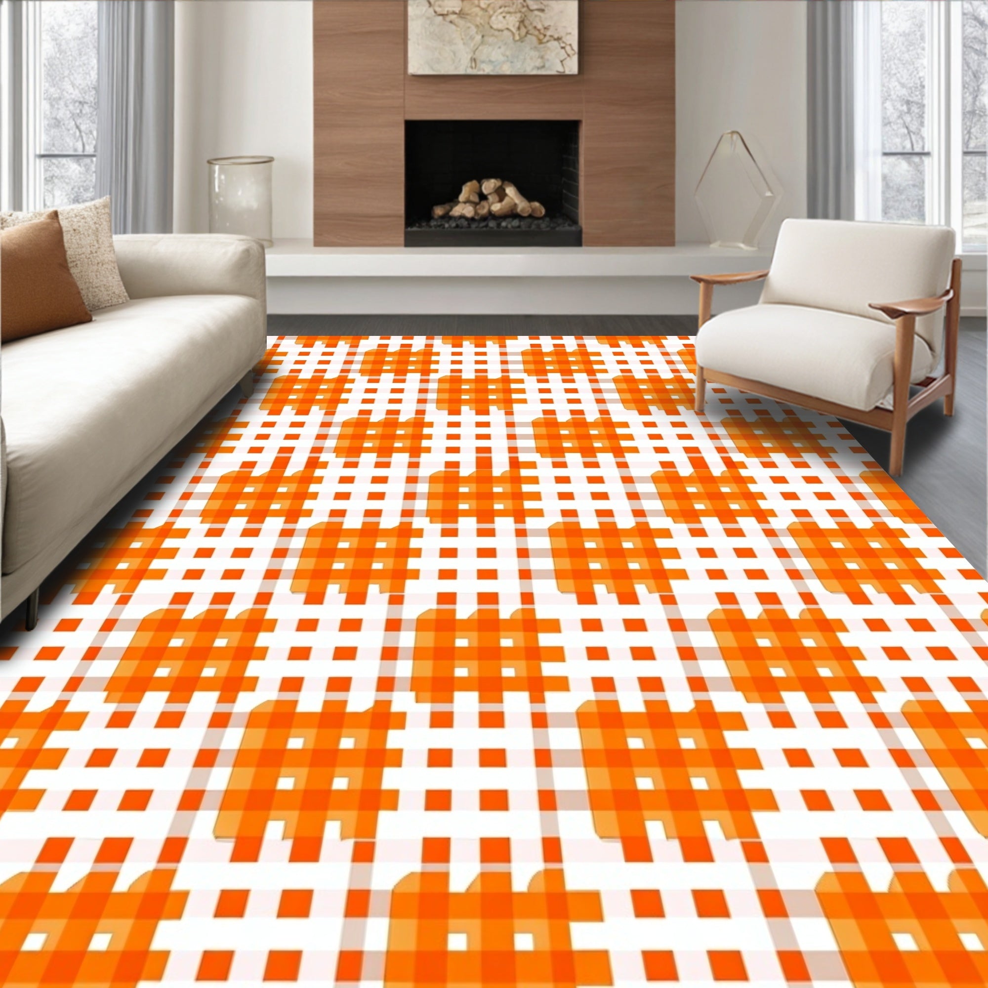 Bright Orange Plaid Grid Design Rug