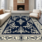 Elegant Dark Blue Floral Scroll Border Rug
