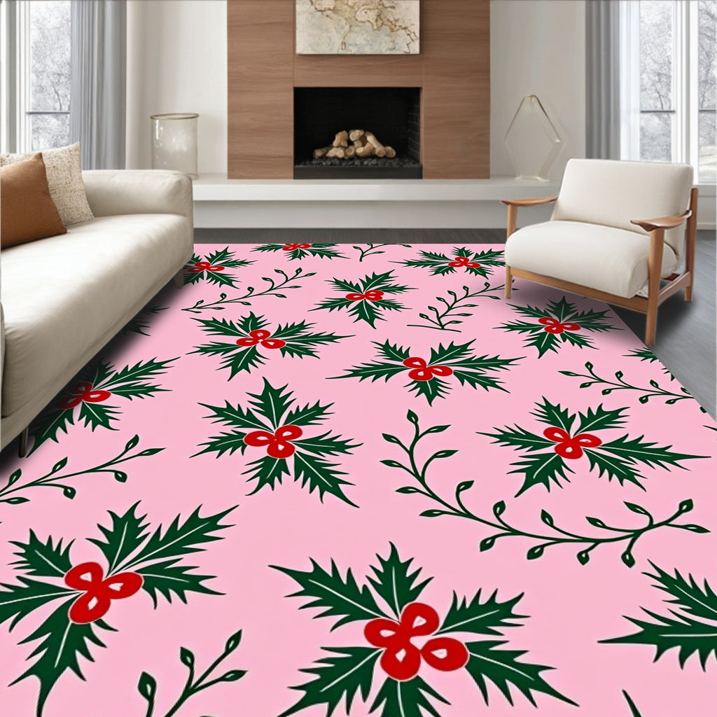 Pink Festive Holly Berry Pattern Rug