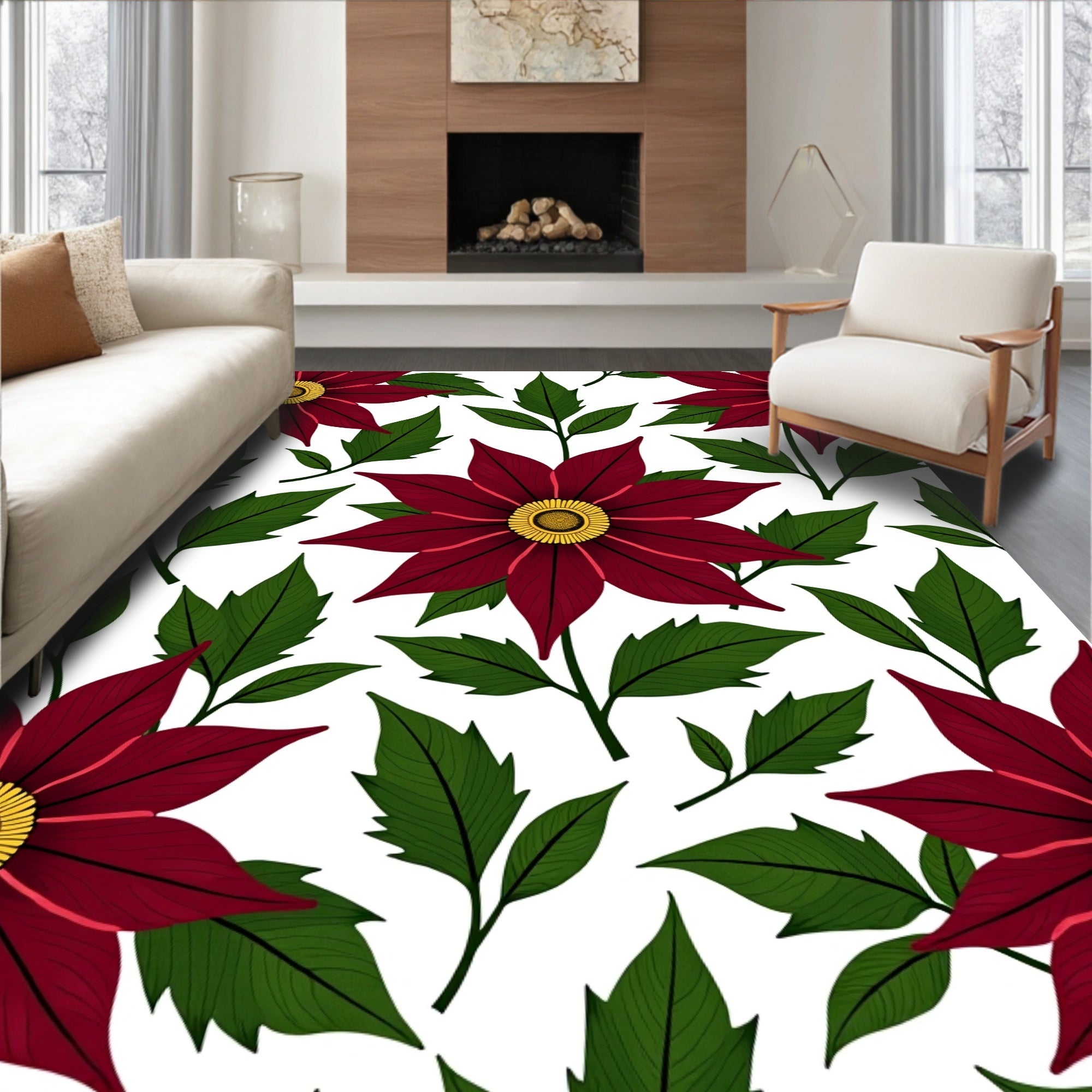 Deep Red Floral Botanical Pattern Rug