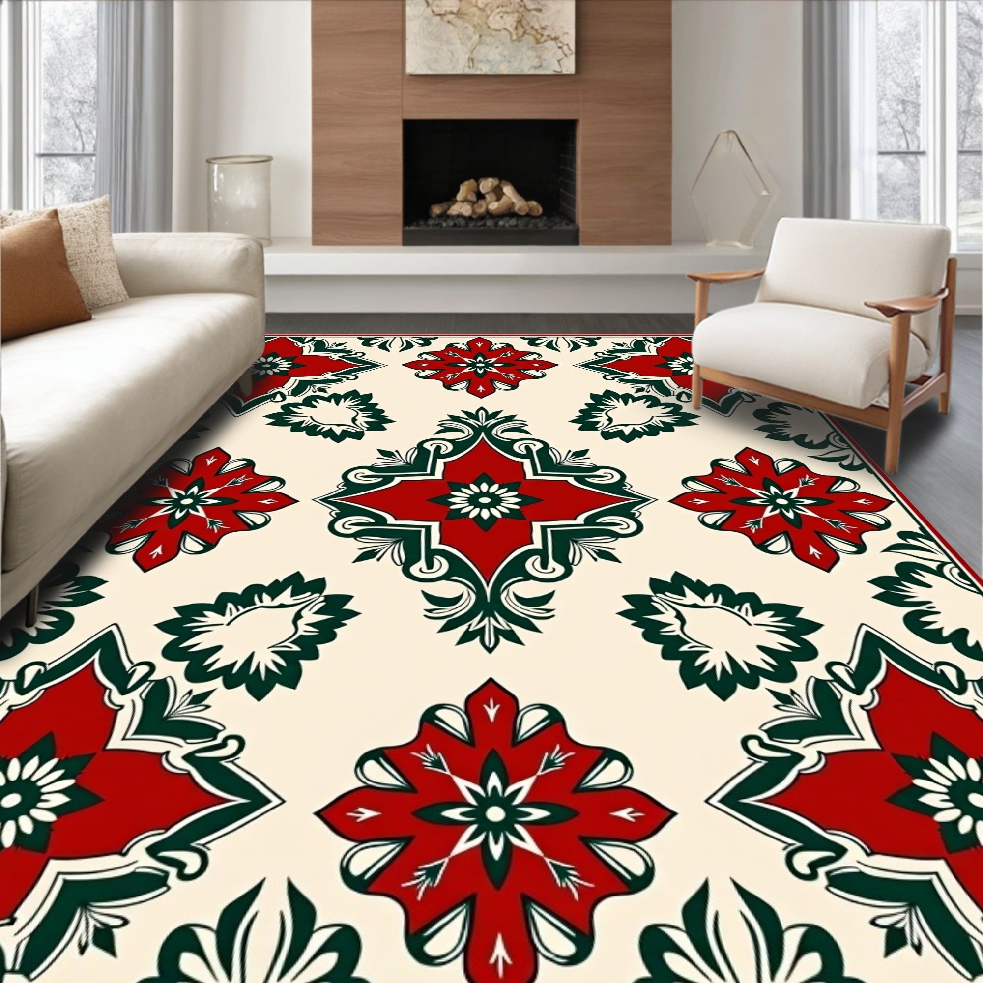 Red Green Floral Medallion Pattern Rug