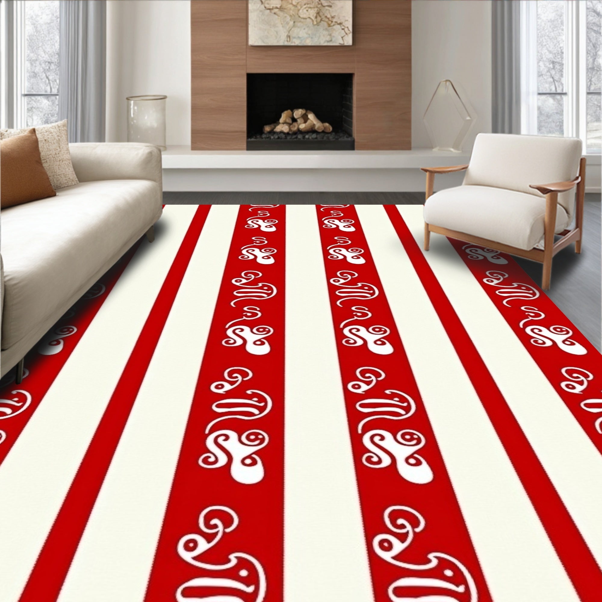 Striking Red Ivory Vertical Stripe Design Rug