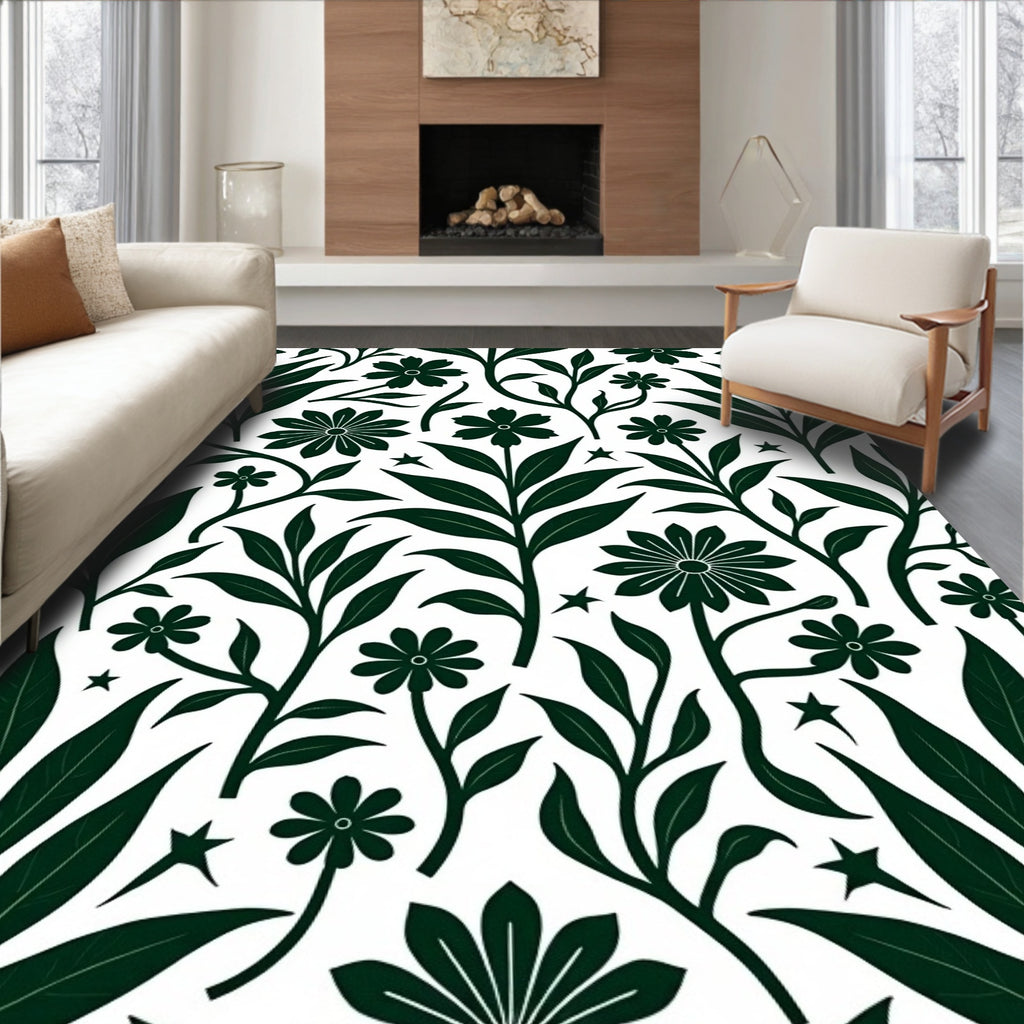 Dark Green Floral Branches Pattern Rug
