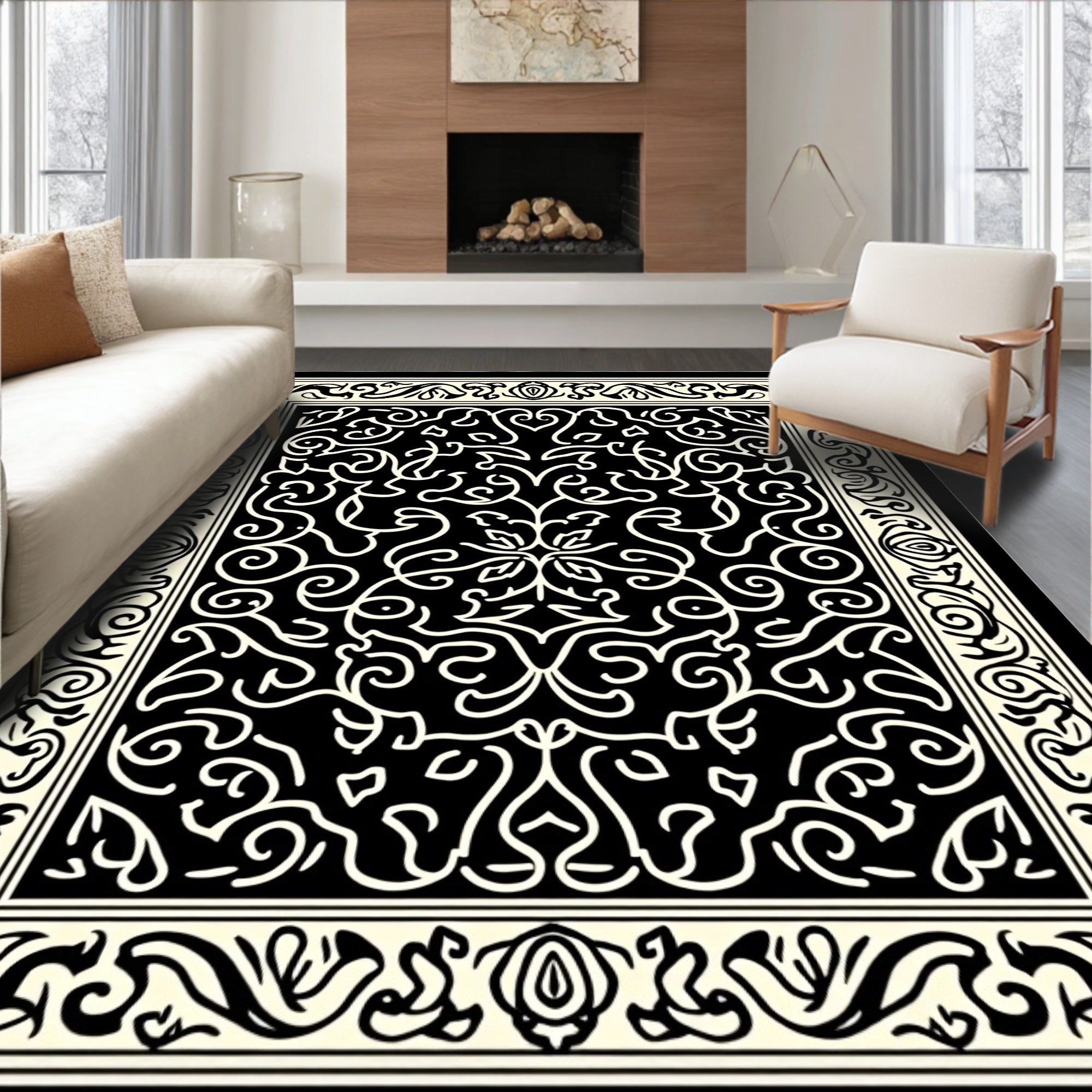 Ornate Scrollwork Pattern Black Rug