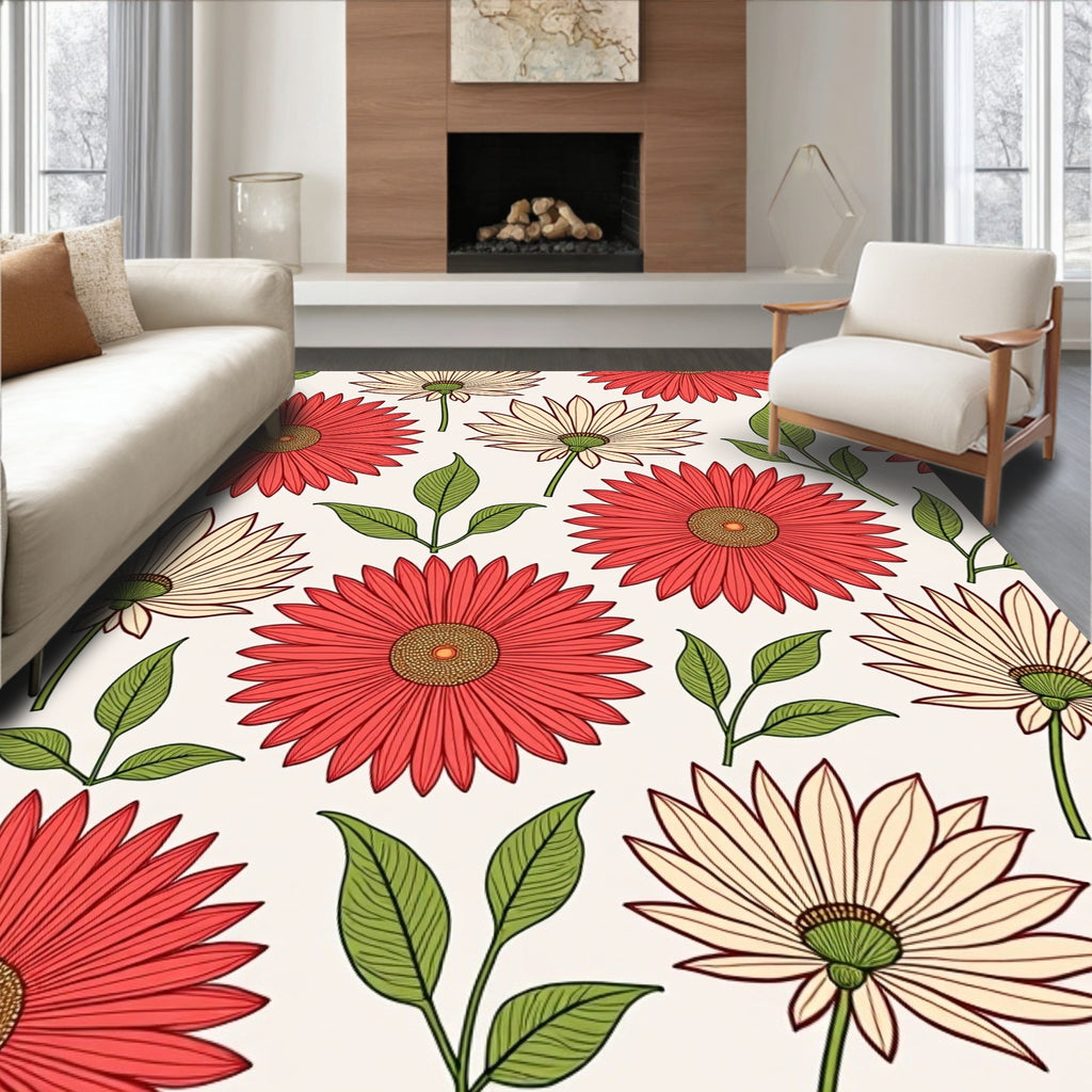 Red Cream Daisy Floral Pattern Rug