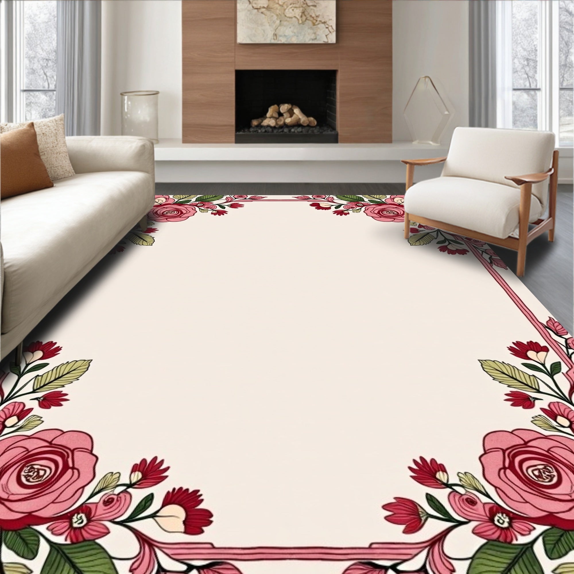 Pink Floral Botanical Square Rug