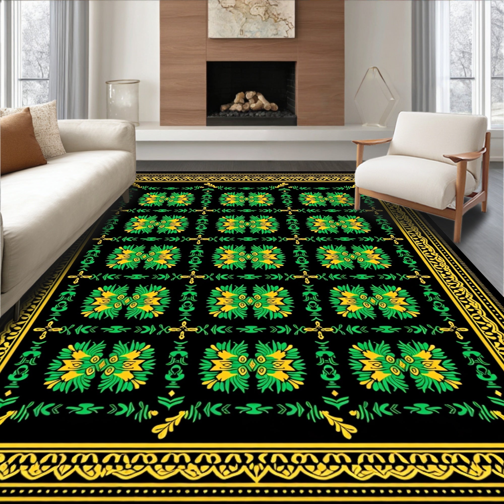 Ornate Green Yellow Floral Pattern Rug