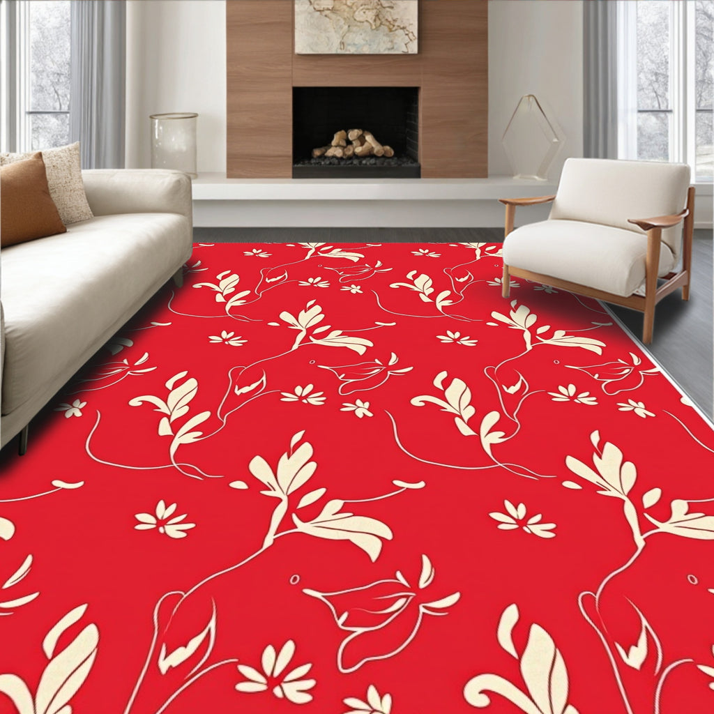 Red Floral Vine Cream Pattern Rug