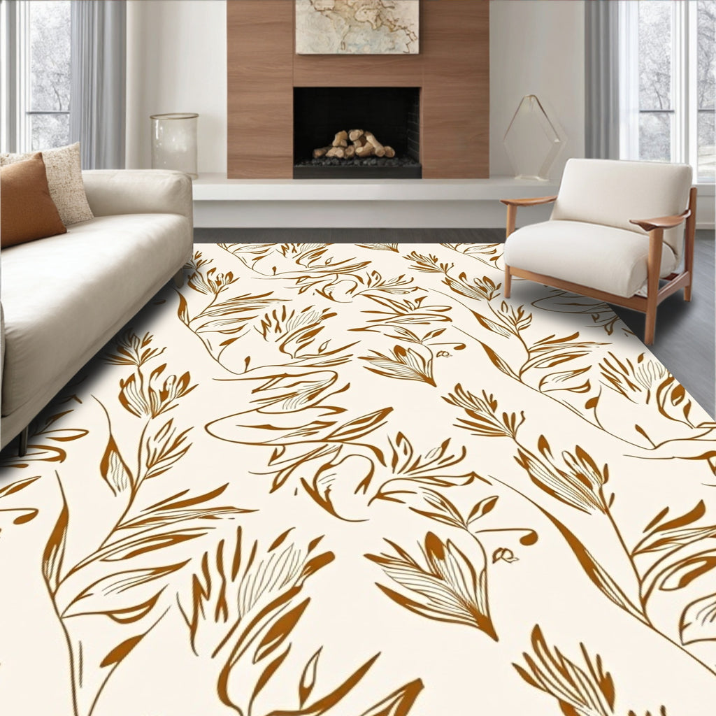 Botanical Line Art Abstract Cream Brown Rug