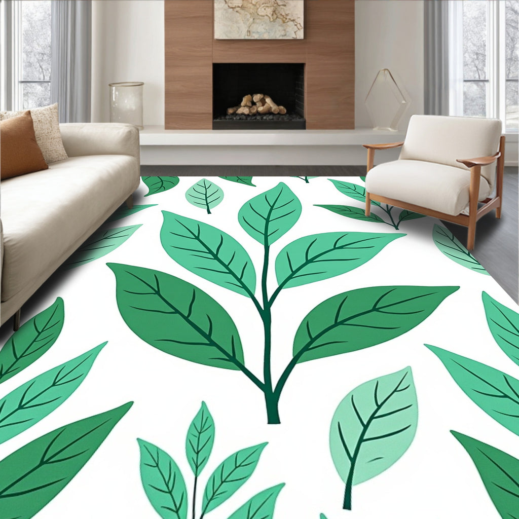 Nature Inspired Green Leaf Pattern Rug