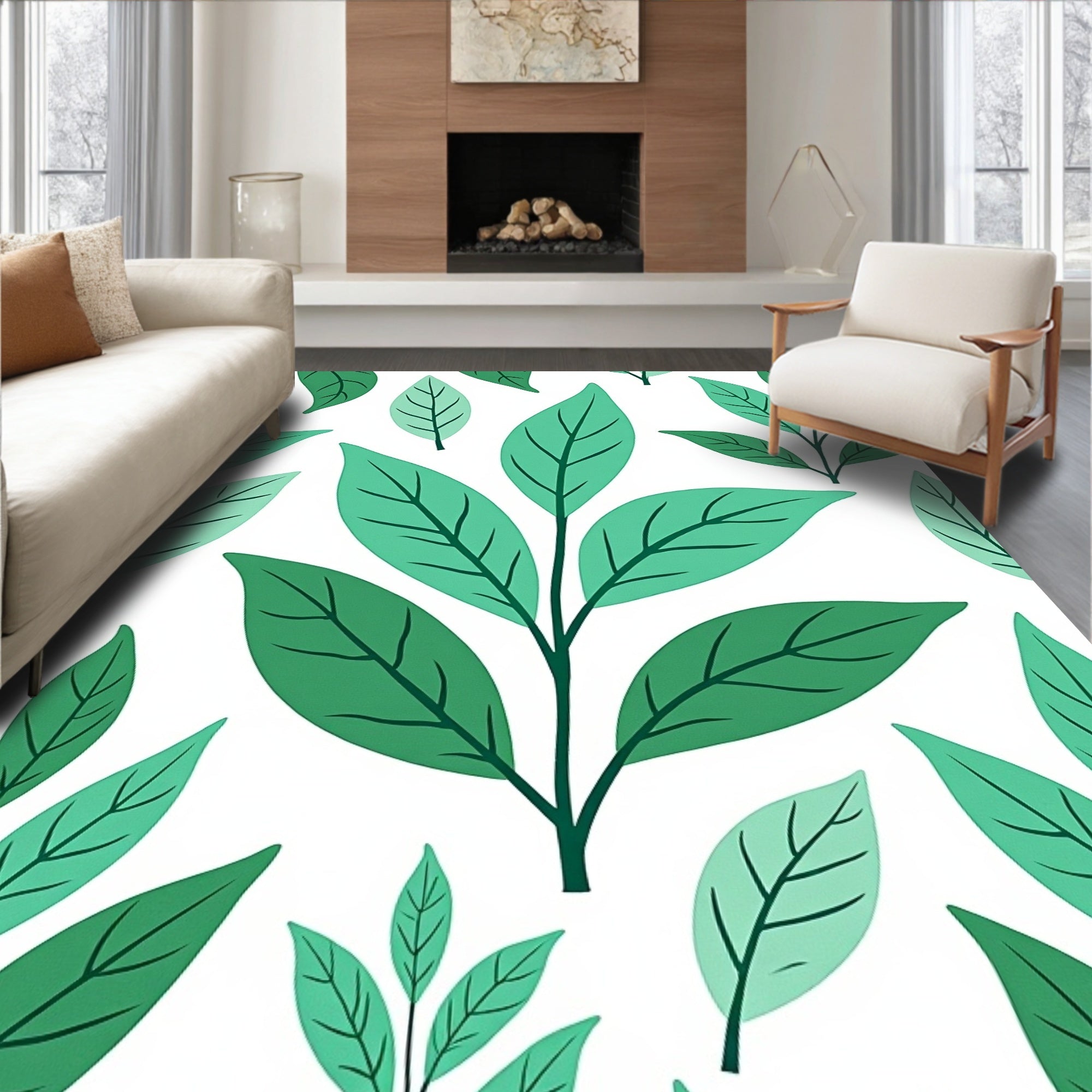 Nature Inspired Green Leaf Pattern Rug