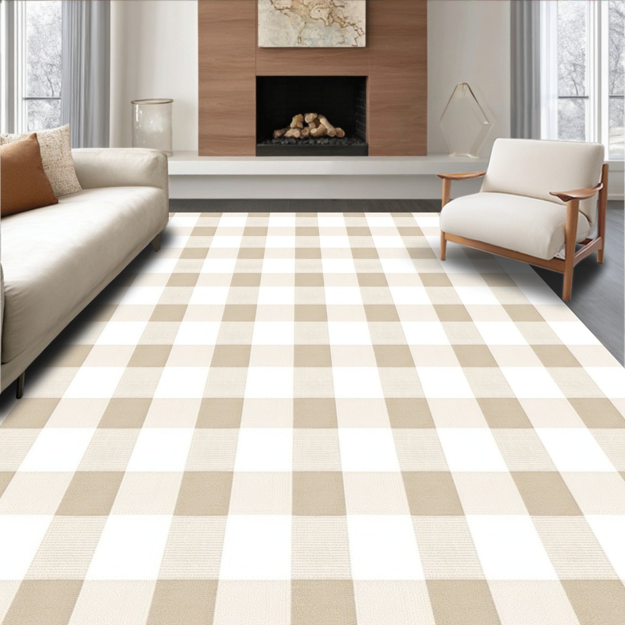 Classic Taupe White Checkered Pattern Rug