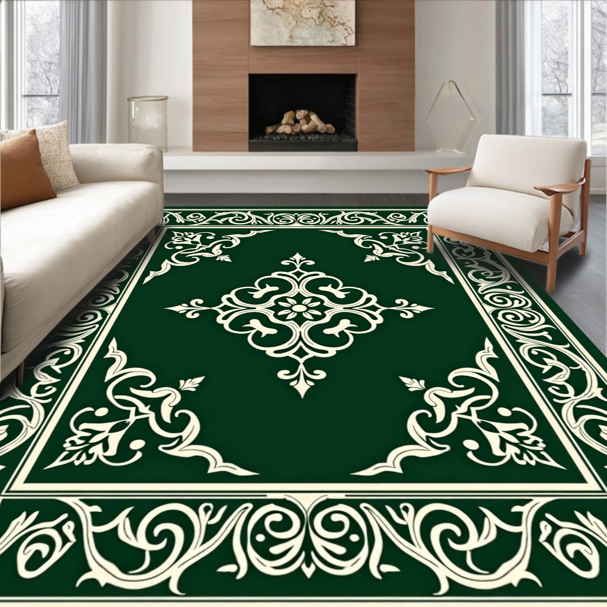 Elegant Green Ivory Floral Scroll Rug
