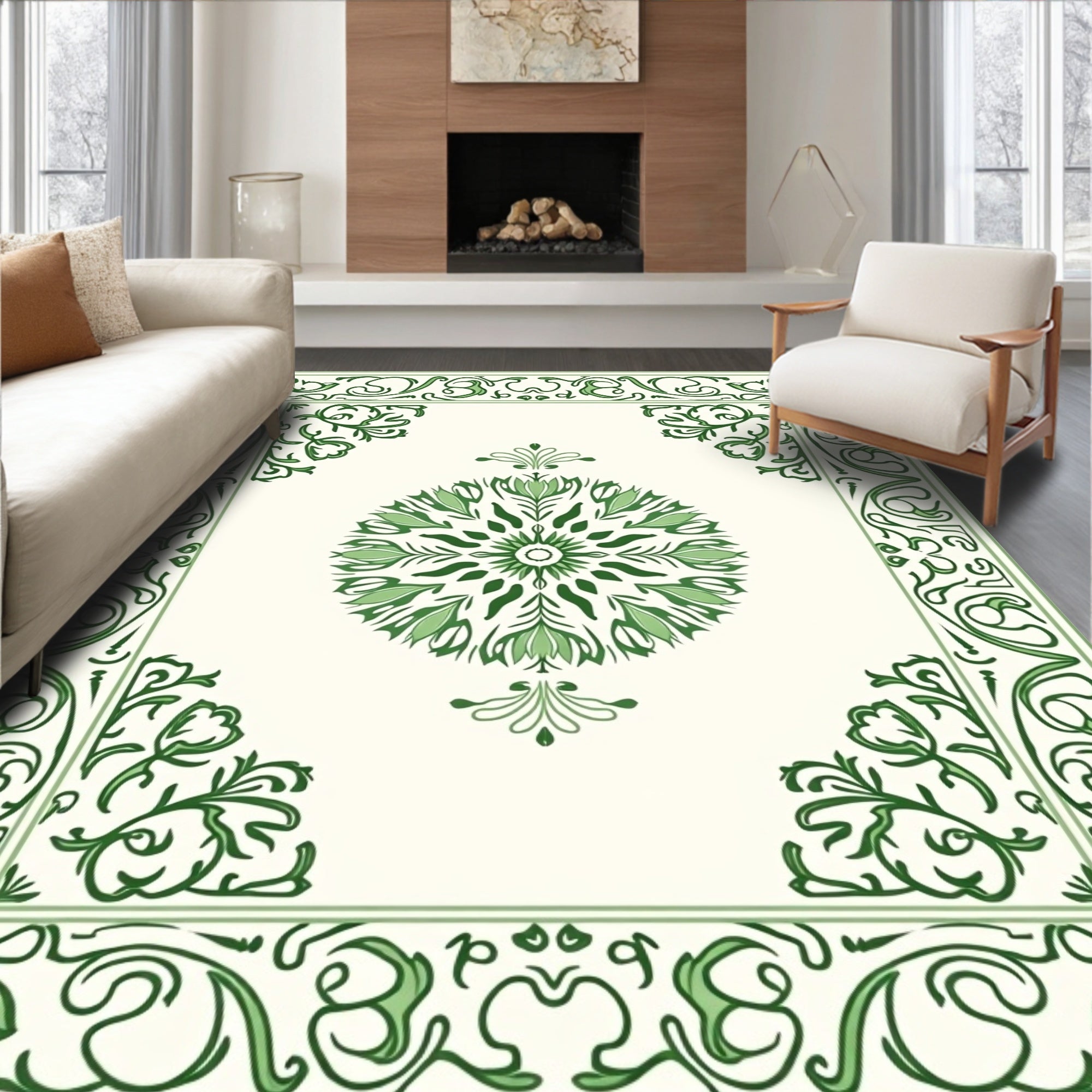 Green Floral Medallion and Border Rug